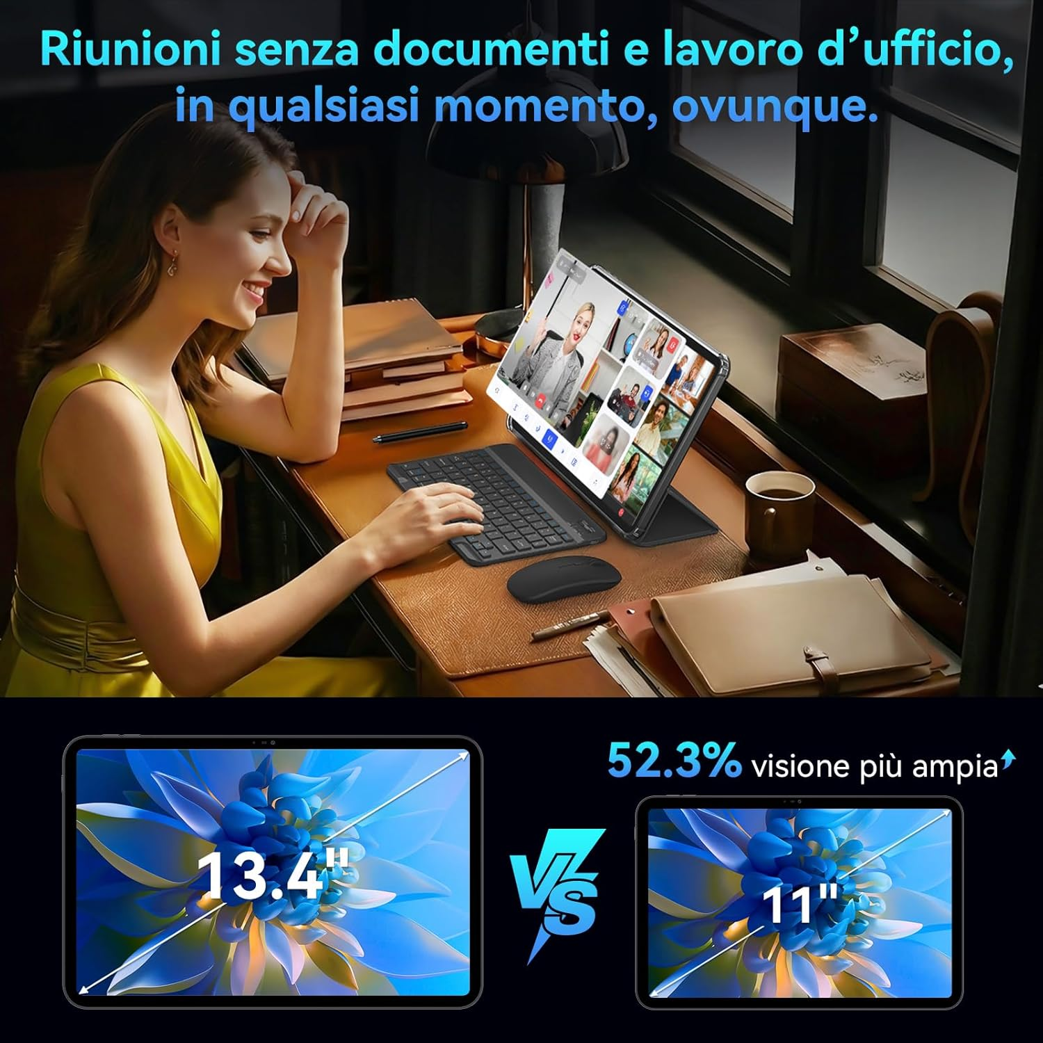 Donna alla scrivania con tablet, confronto schermi 13,4 e 11 pollici.