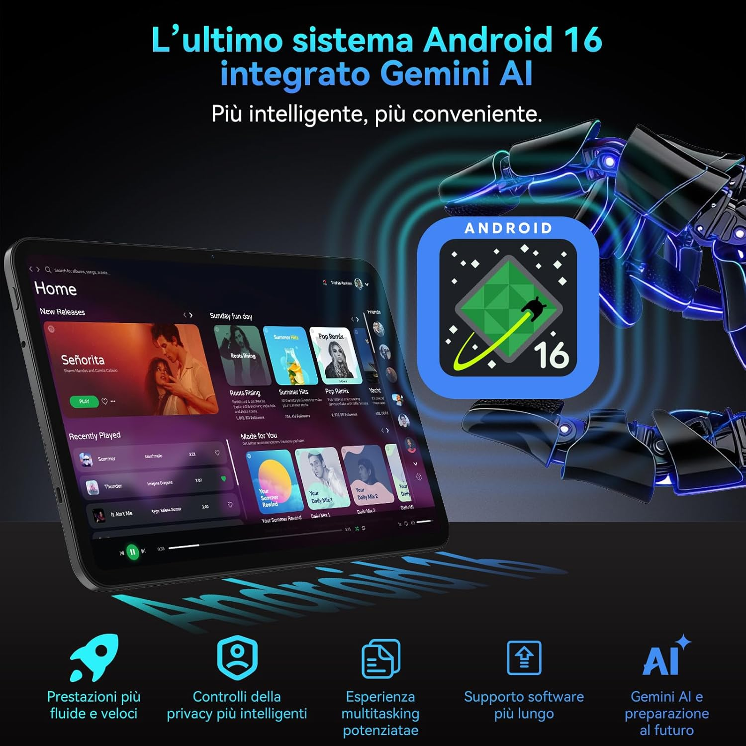 Un tablet con Android 16 e Gemini AI, che mostra app musicali e funzionalità AI.