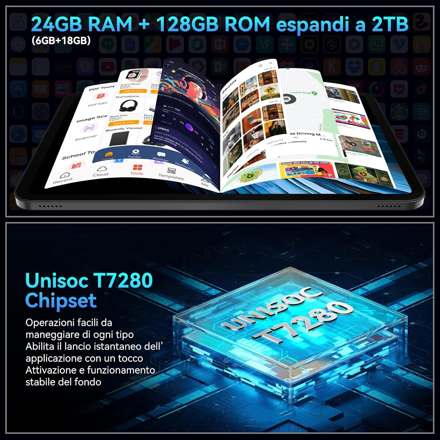 Tablet con 24GB RAM, 128GB ROM e chip Unisoc T7280.