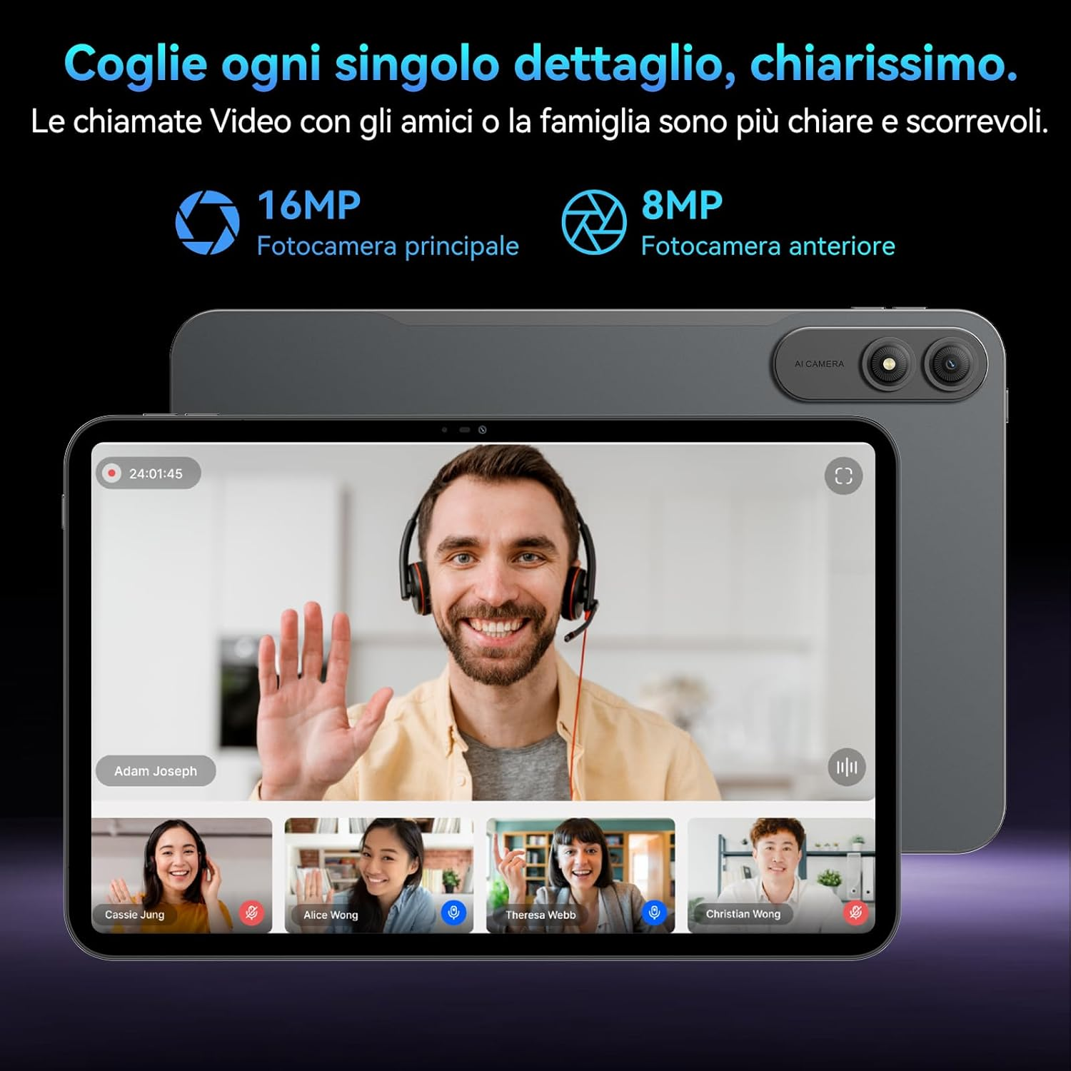 Videochiamata su tablet con 5 persone. Uomo saluta. Specifiche fotocamera.