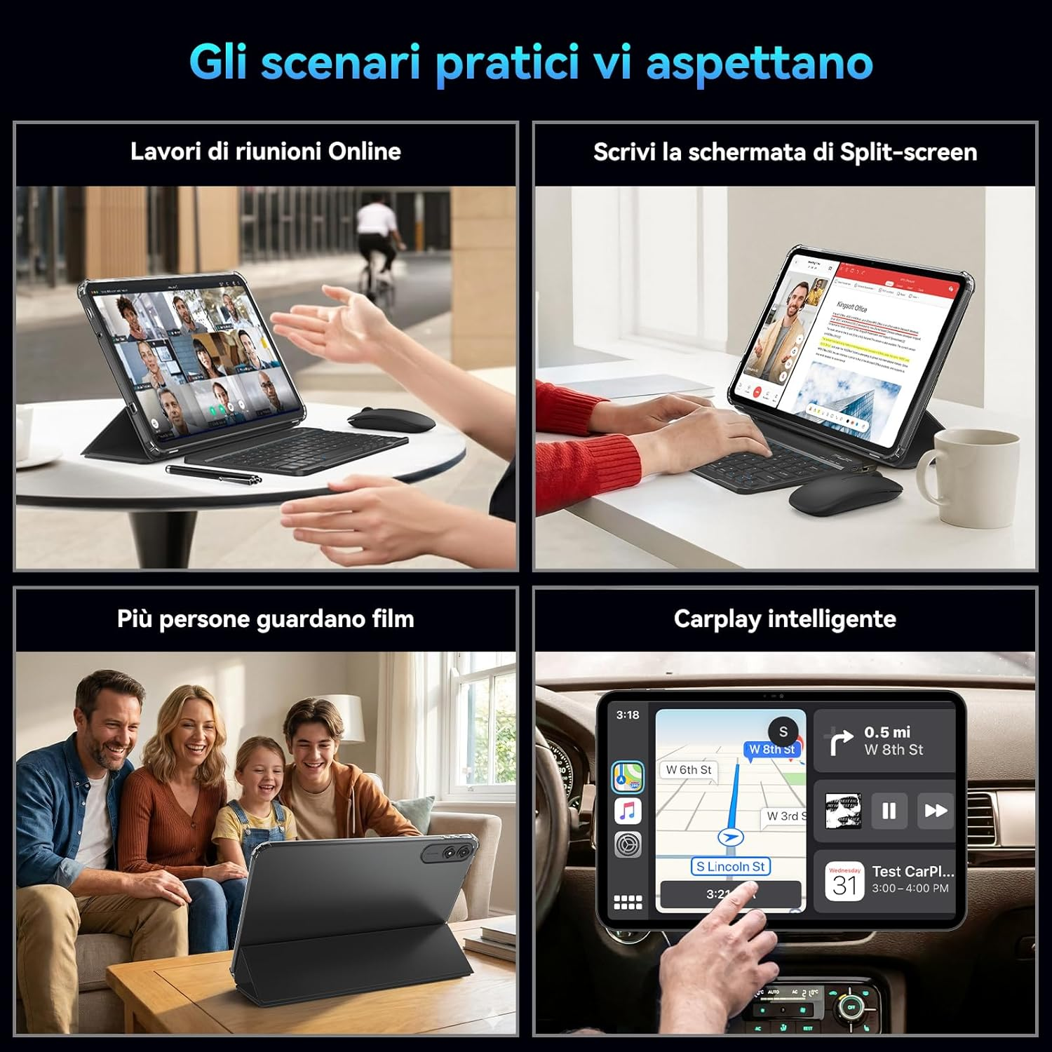 Quattro scene: riunione online, split-screen, serata film, navigazione CarPlay.