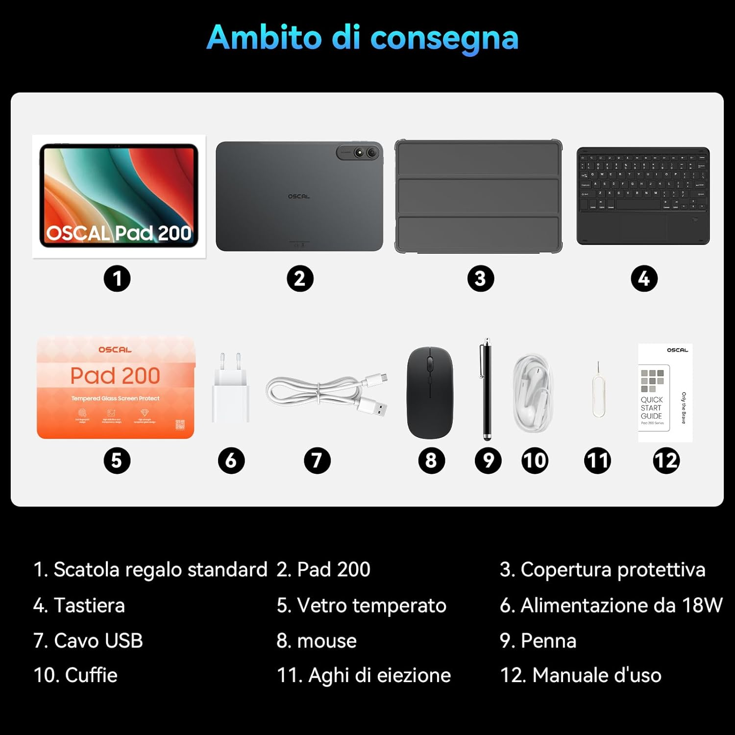 Contenuto scatola Oscal Pad 200: tablet, cover, tastiera, mouse, penna, caricatore, cavo, cuffie, estrattore SIM, protezione schermo, scatola regalo.
