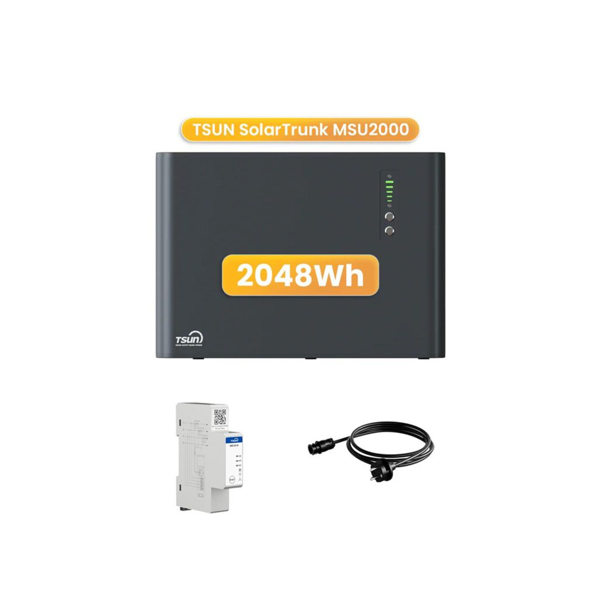Dark gray TSUN SolarTrunk MSU2000 with 2048Wh, circuit breaker, and cable.