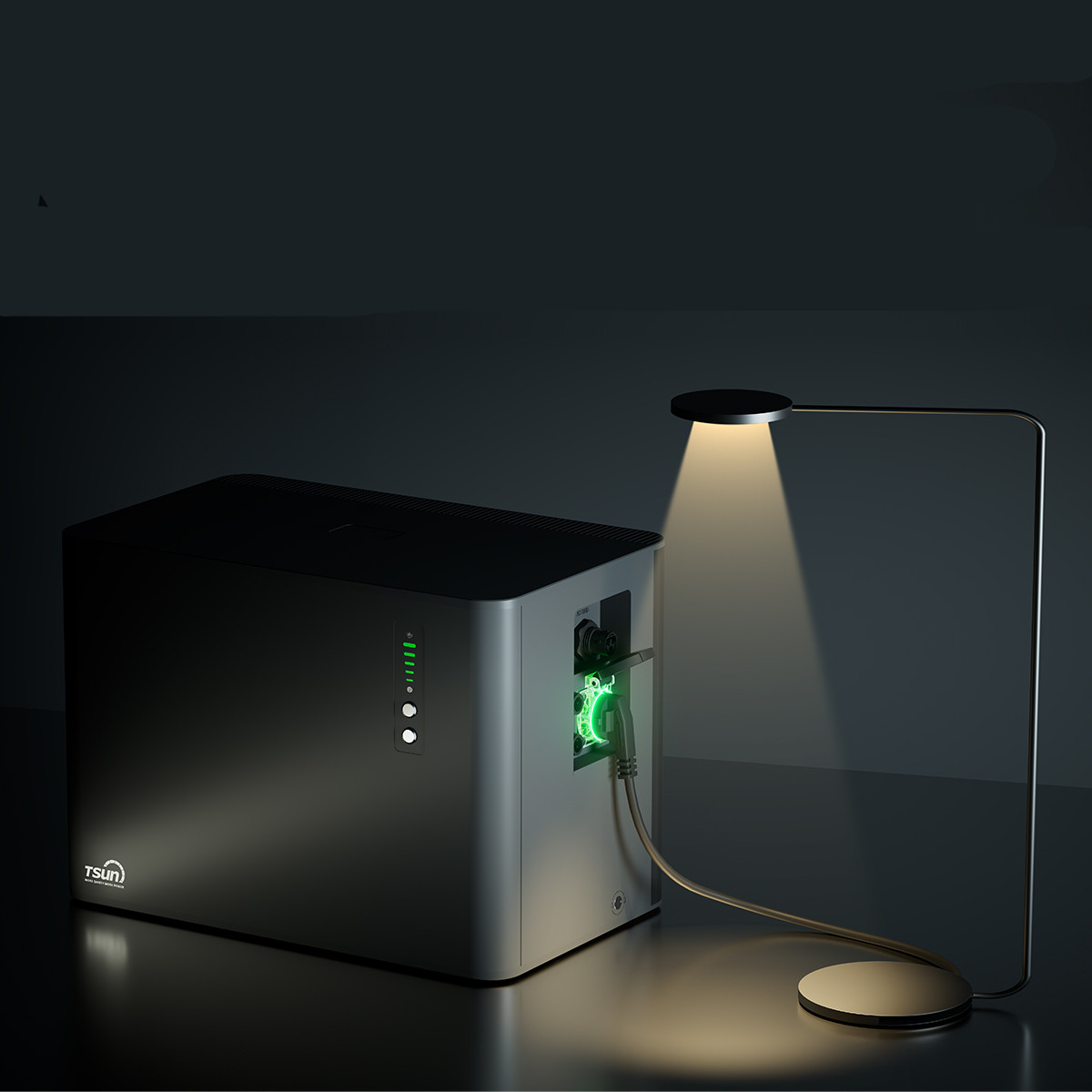 A portable power station is plugged into a lamp, casting a warm glow.