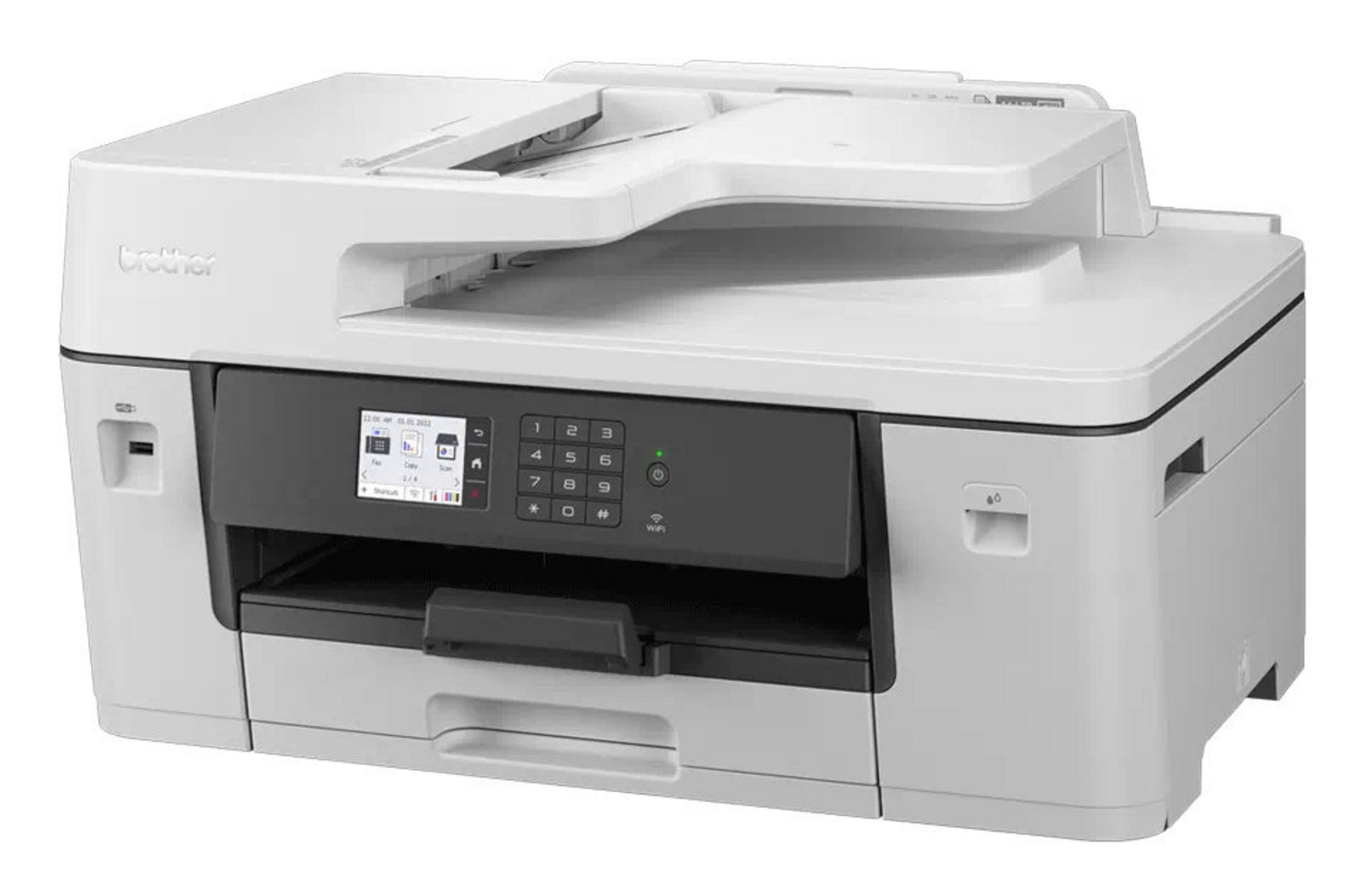 Biała drukarka Brother z czarnym panelem sterowania i klawiaturą numeryczną.