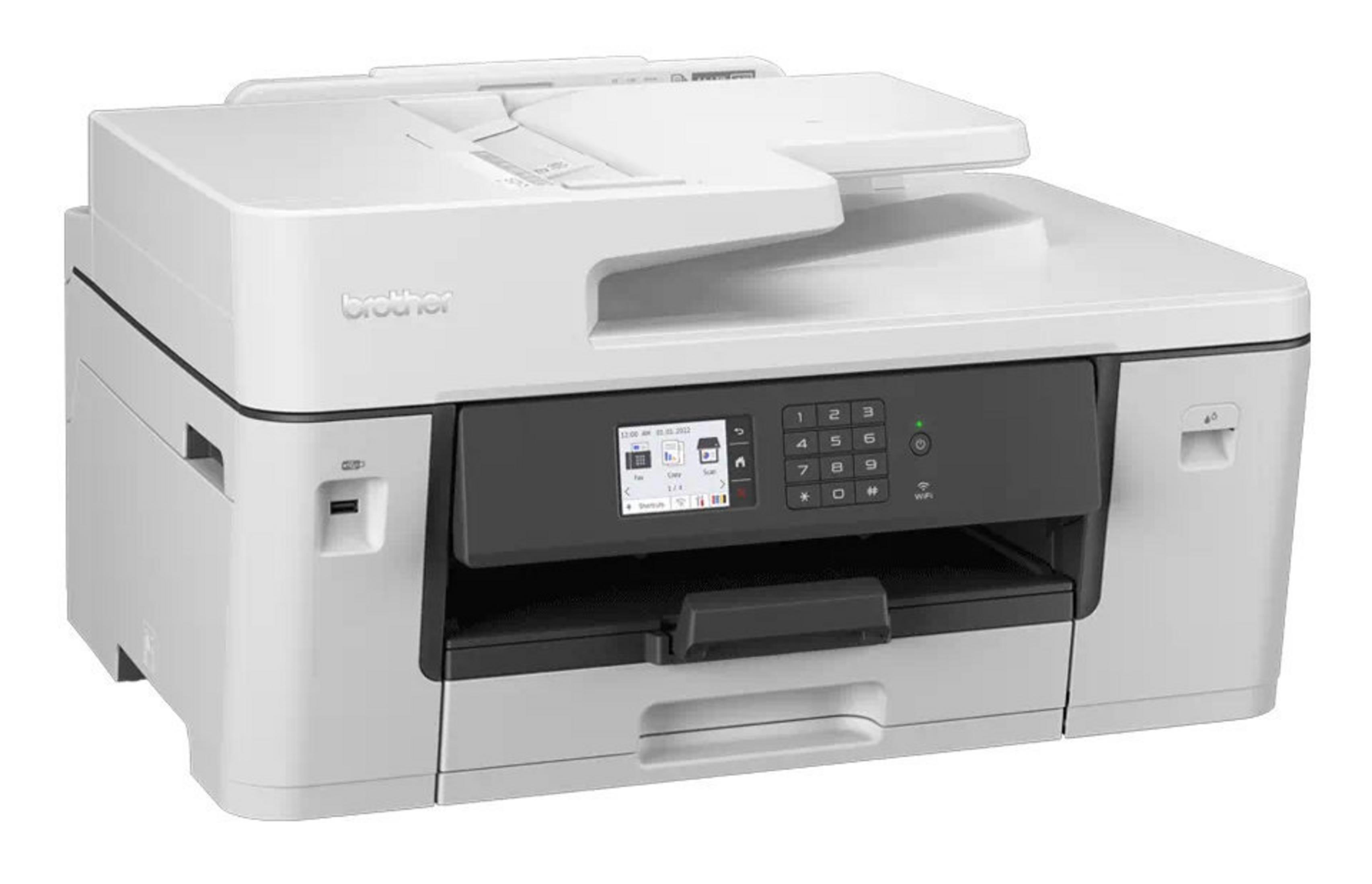 Biała drukarka Brother z czarnym panelem sterowania i klawiaturą.