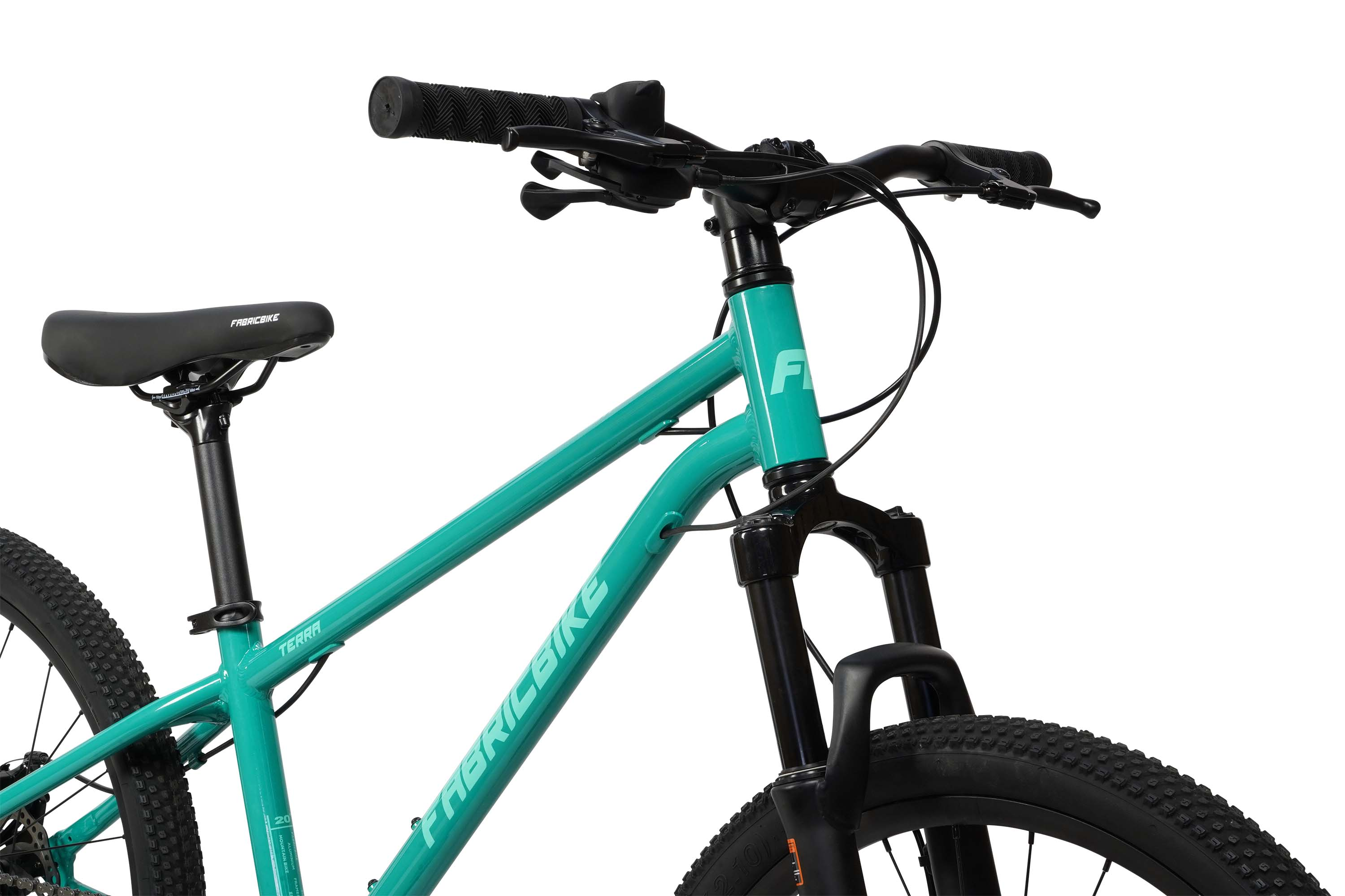 Un cuadro de bicicleta turquesa con sillín, manillar y horquilla negros.