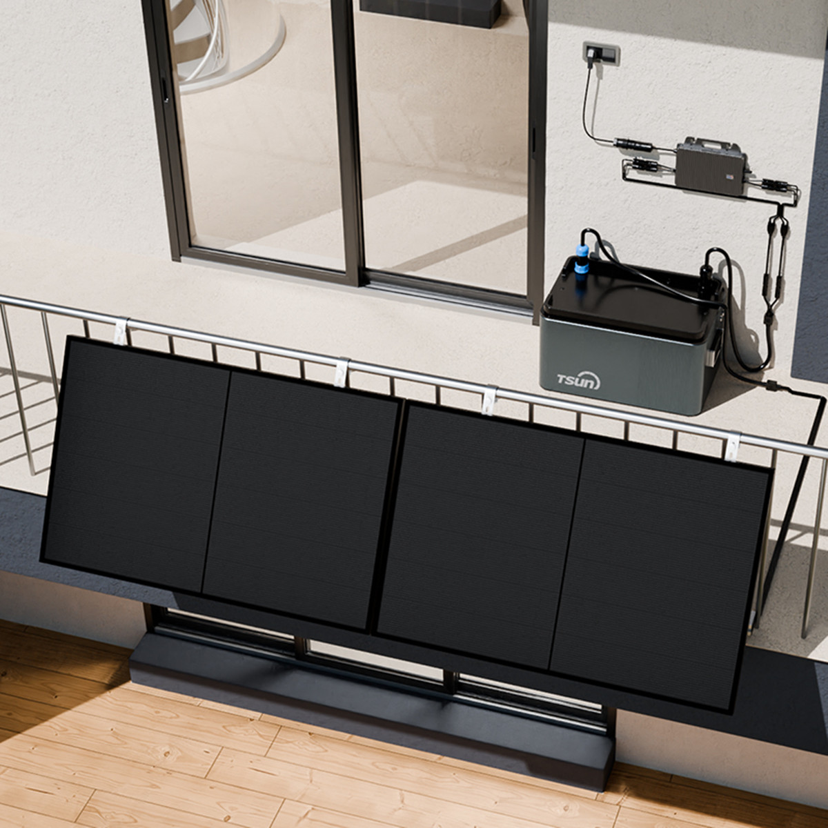 Solarmodule auf Geländer montiert, daneben eine Batterie und ein Gerät an der Wand.