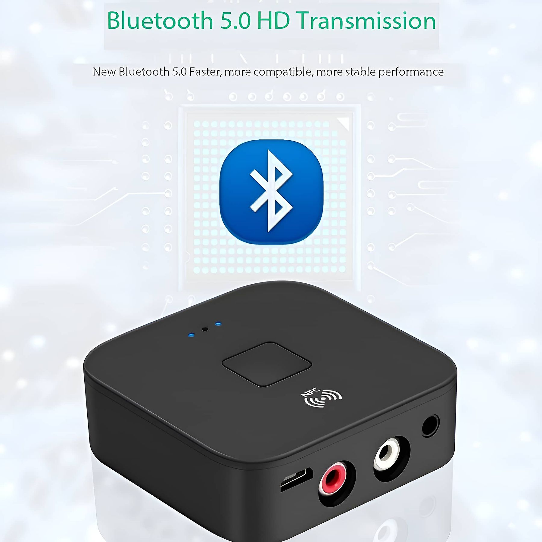 Schwarzer Bluetooth 5.0 Empfänger mit NFC und Anschlüssen.