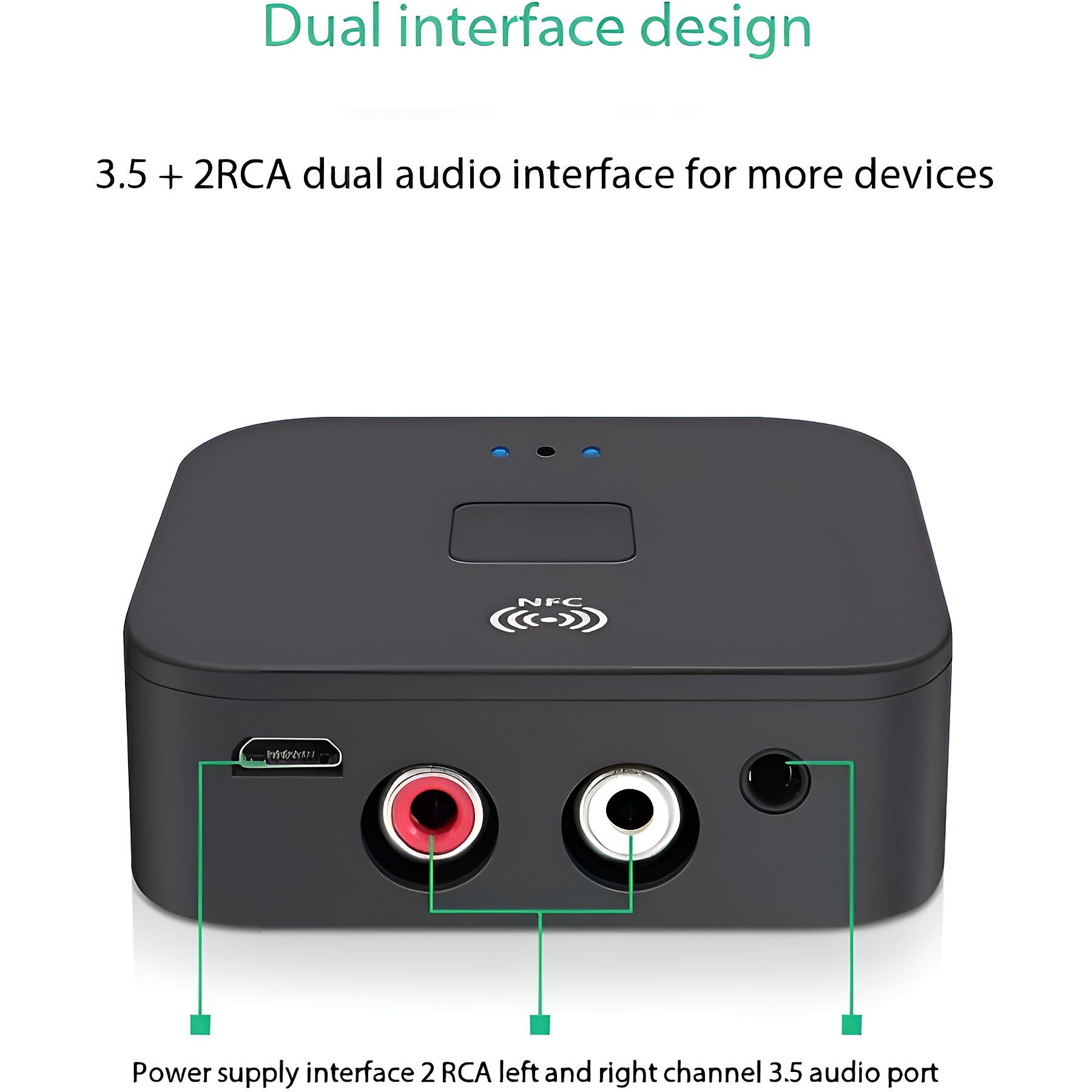 Schwarzes Audiogerät mit 3,5-mm-Klinke, 2x RCA und Mikro-USB-Anschlüssen.