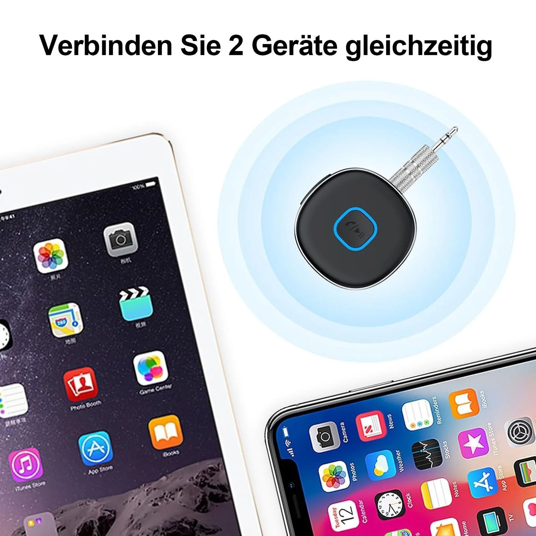 Ein Bluetooth-Audioempfänger verbindet zwei Geräte, dargestellt neben Tablets.