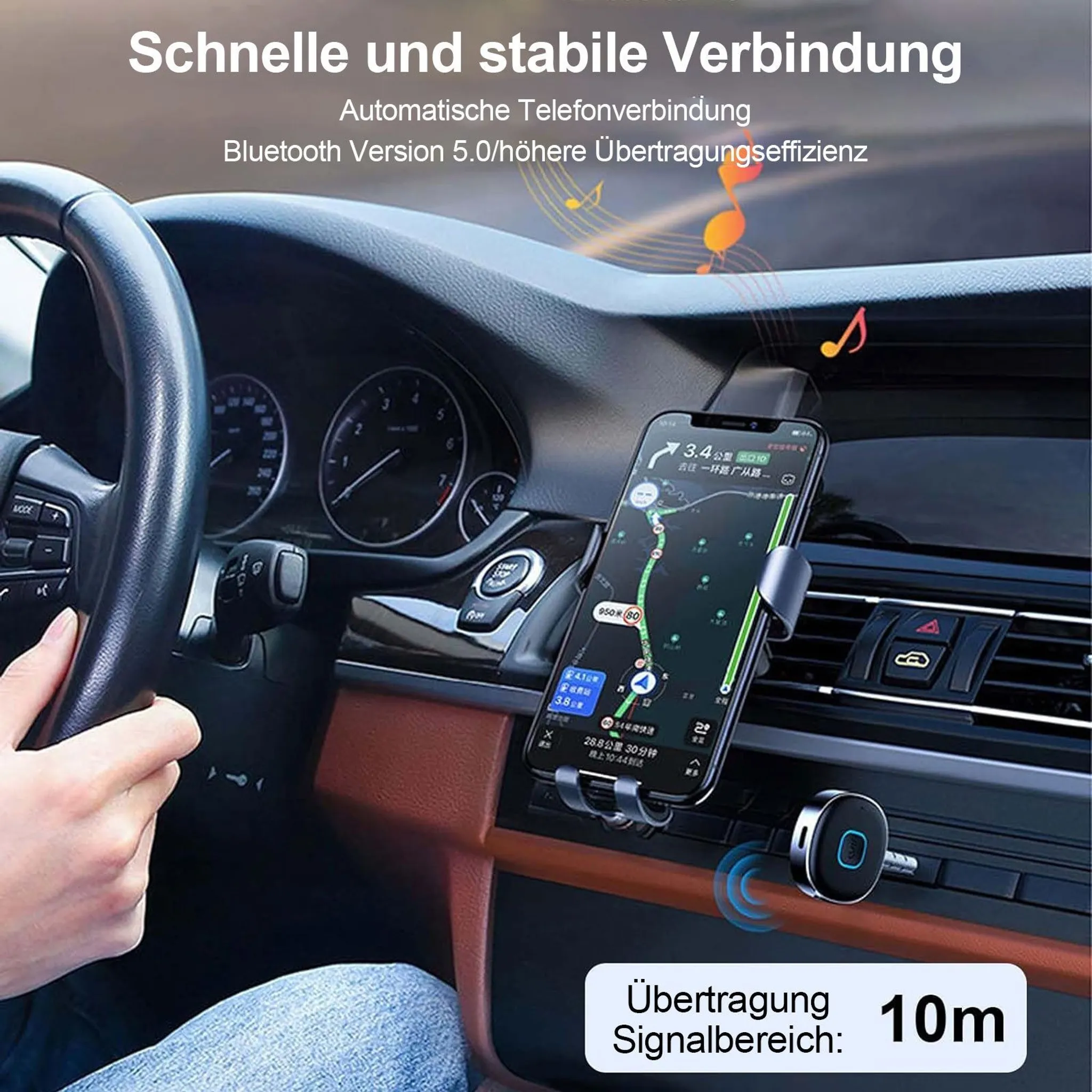 Ein Handy mit Navigations-App ist an einem Auto-Luftschlitz befestigt.