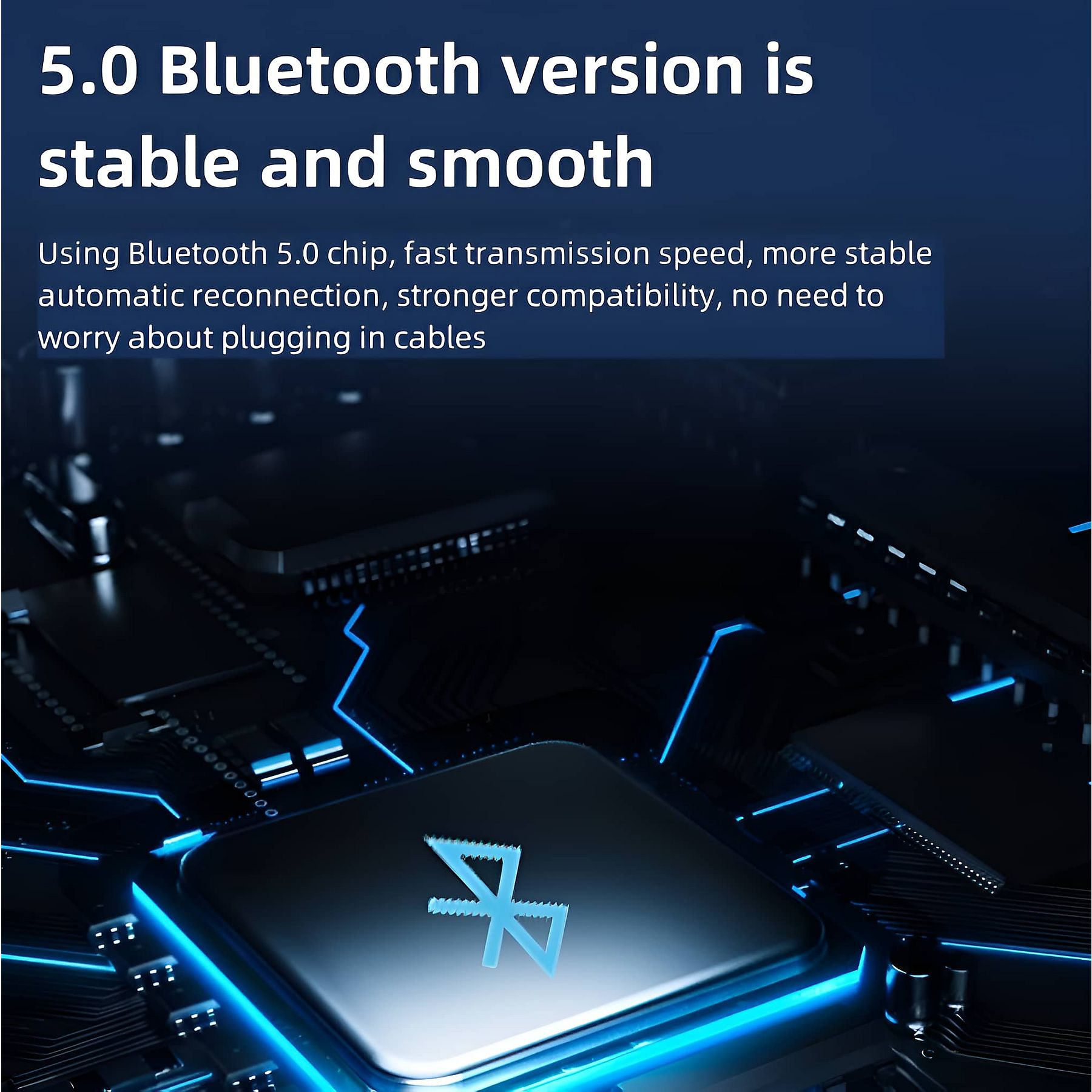 Ein Bluetooth 5.0 Logo leuchtet auf einer dunklen Leiterplatte.
