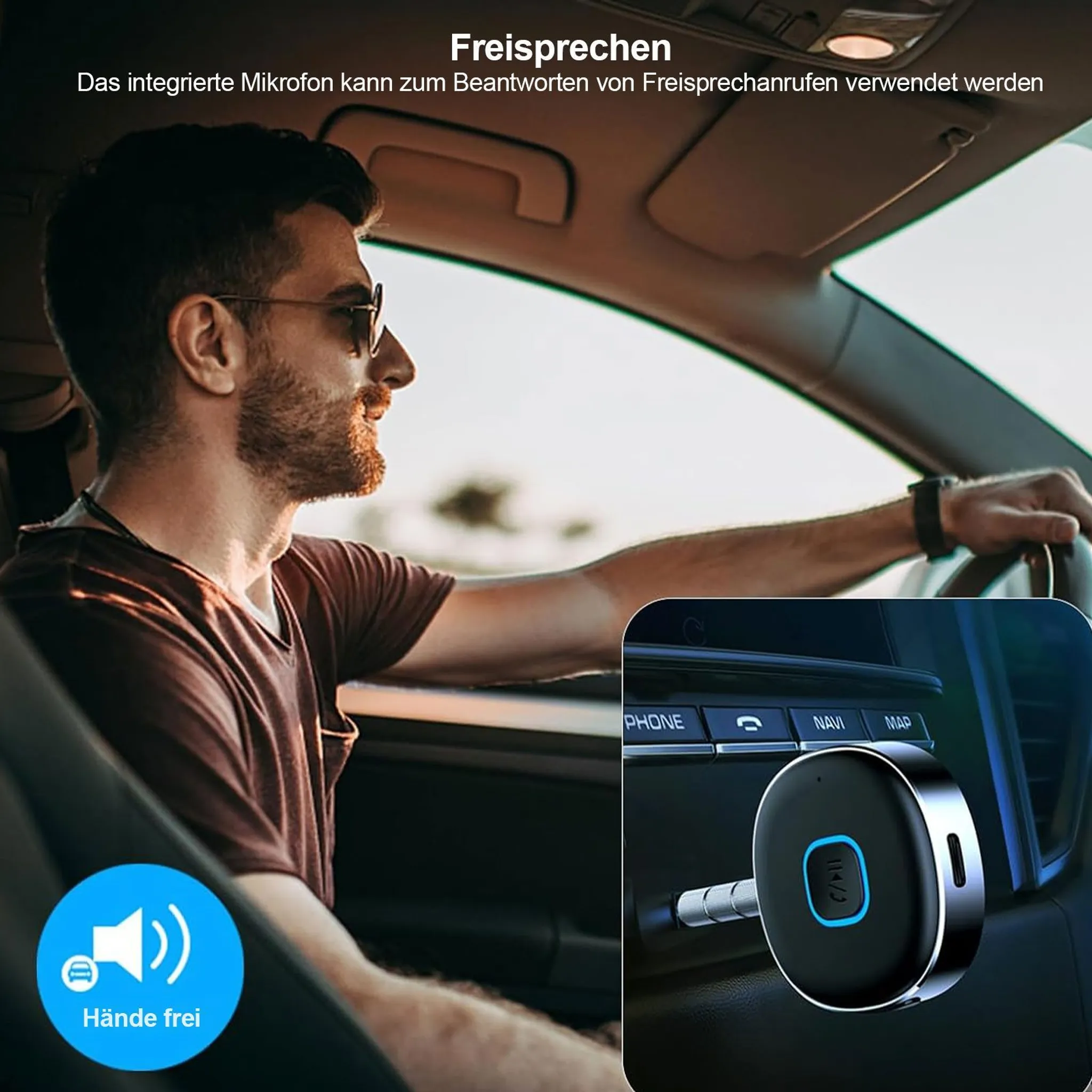 Mann im Auto, nutzt Freisprecheinrichtung, blaues Symbol mit Lautsprecher.