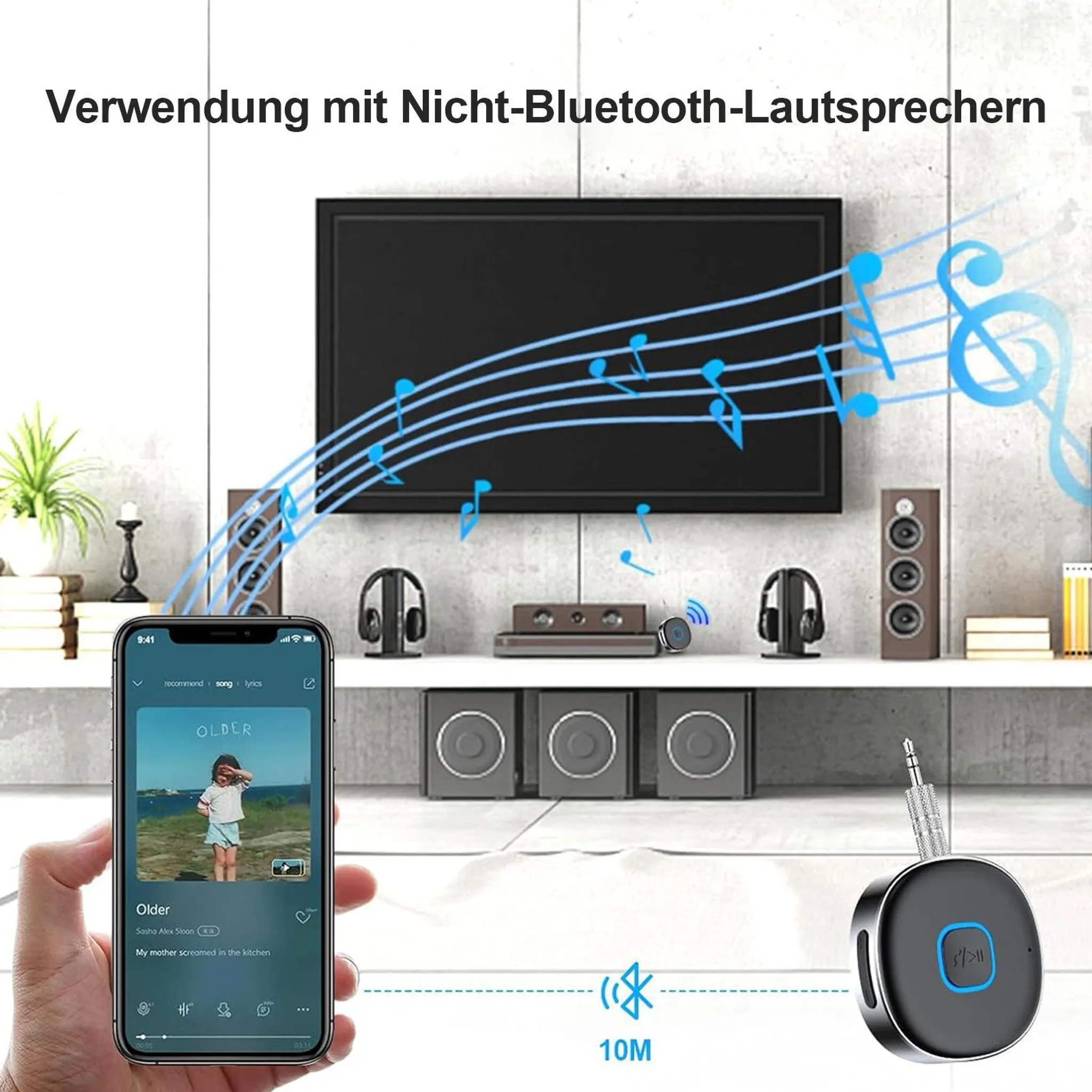Ein Handy verbindet sich mit Nicht-Bluetooth-Lautsprechern.