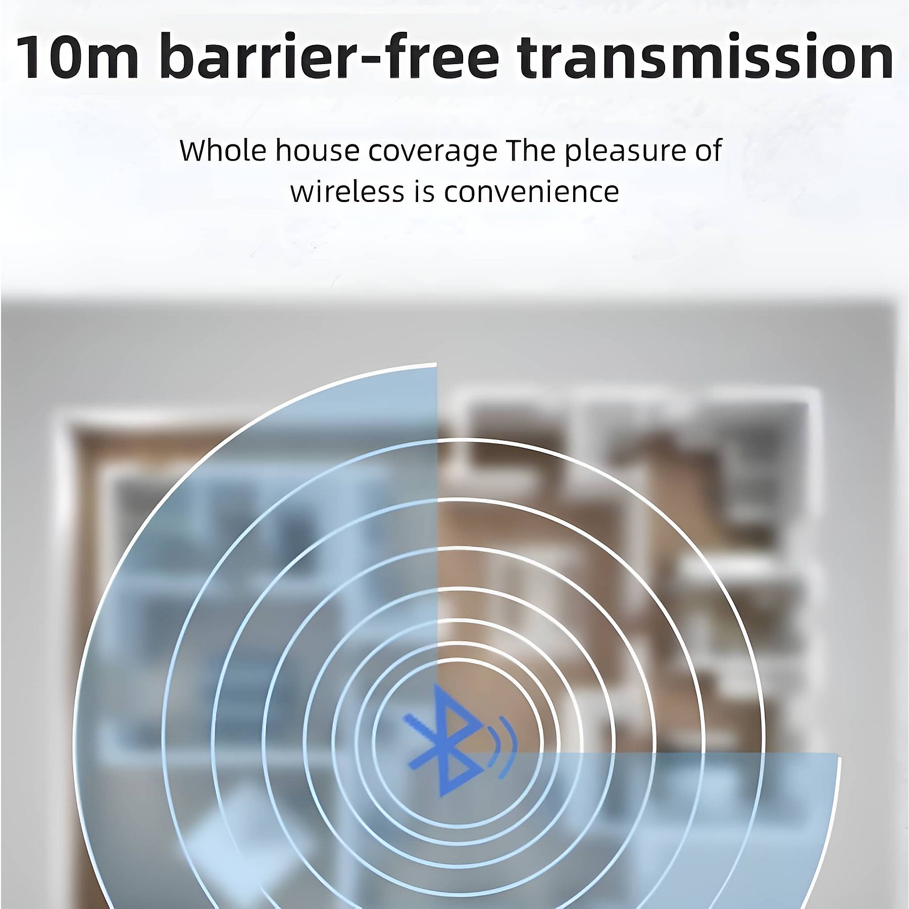 Bluetooth-Symbol mit Wellenlinien in einem Hauslayout, 10m Reichweite.
