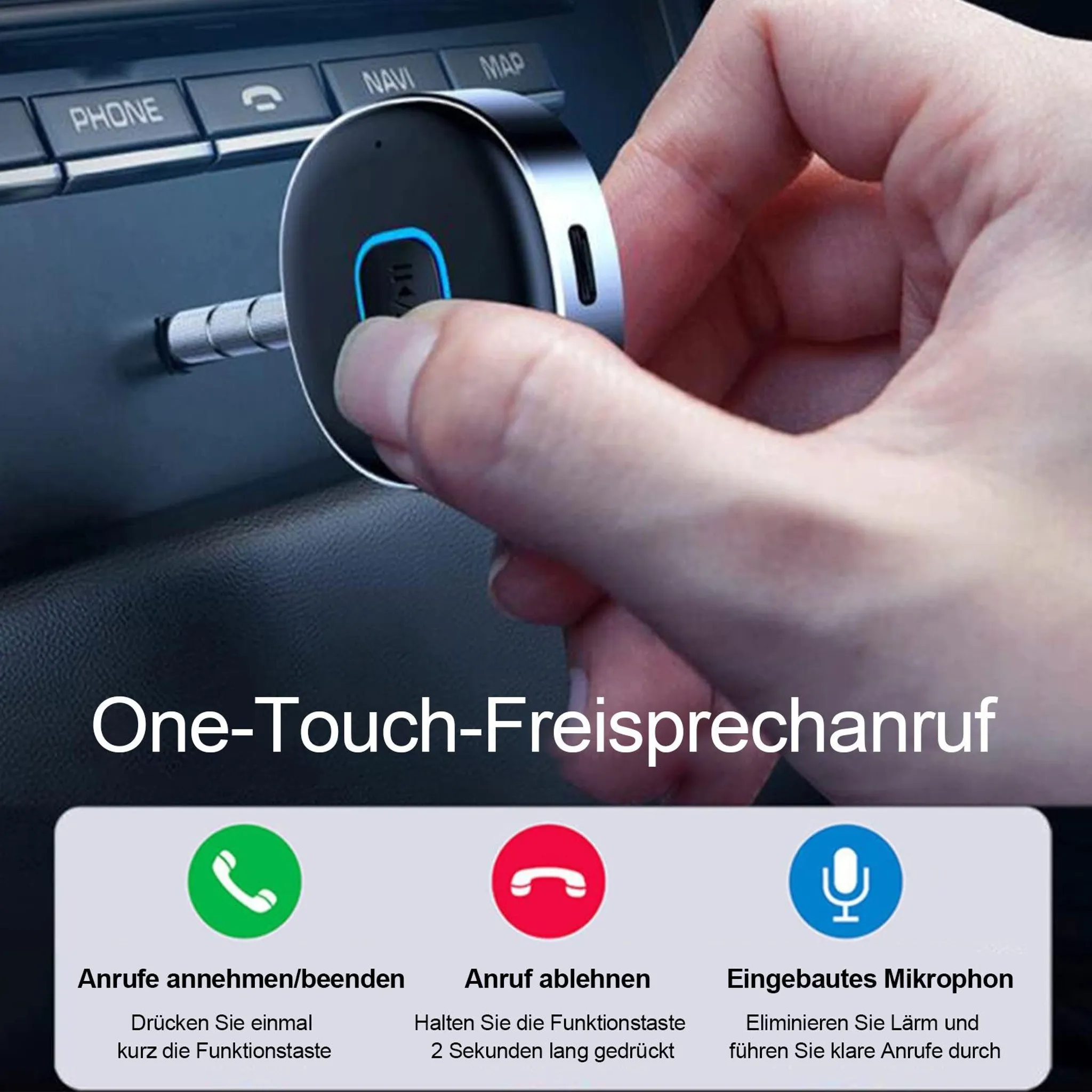 Hand bedient Freisprecheinrichtung im Auto. Grüne und rote Icons für Anrufe.