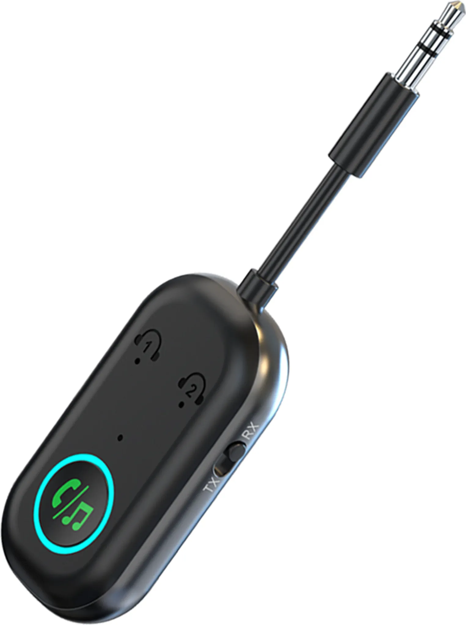 Schwarzer Audioadapter mit 3,5-mm-Klinke, Musik-/Anruftaste und TX/RX-Schalter.