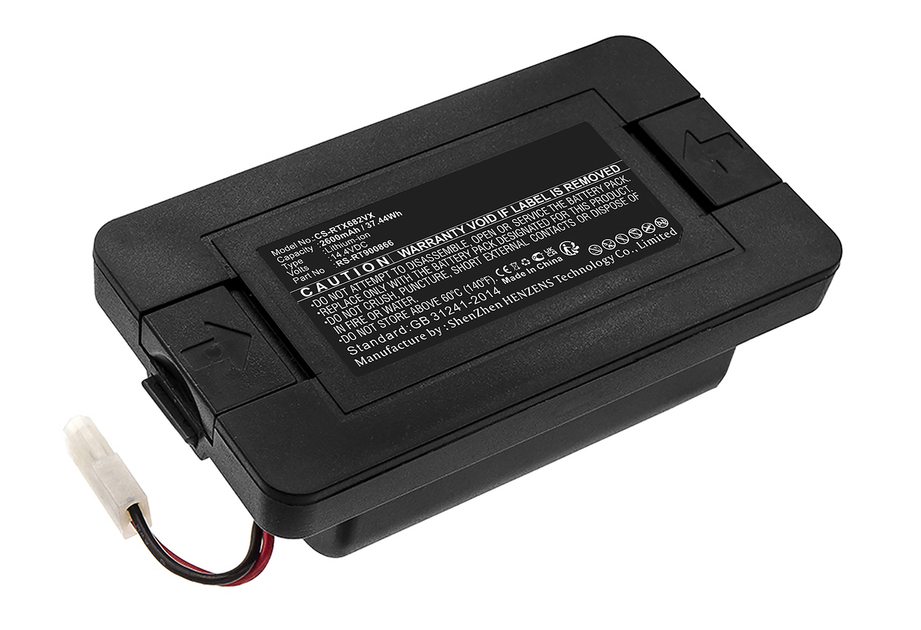 Batteria nera agli ioni di litio con cavi bianchi ed etichette di avvertenza.