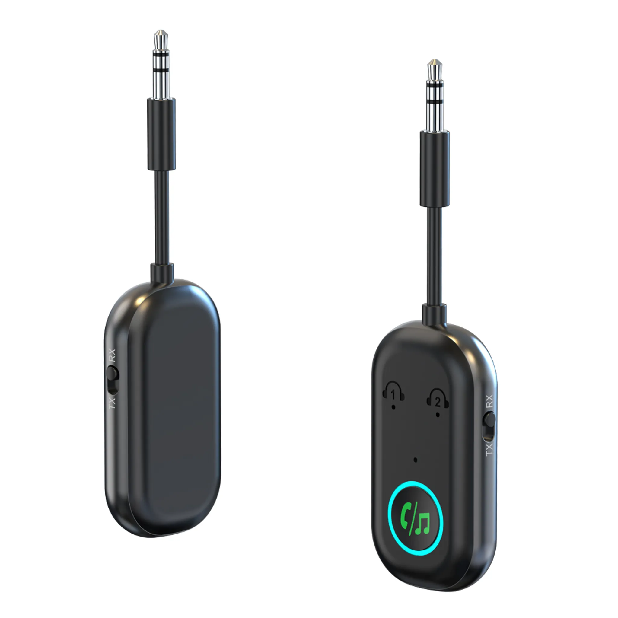 Zwei schwarze Audio-Adapter mit 3,5-mm-Steckern und Schaltern.