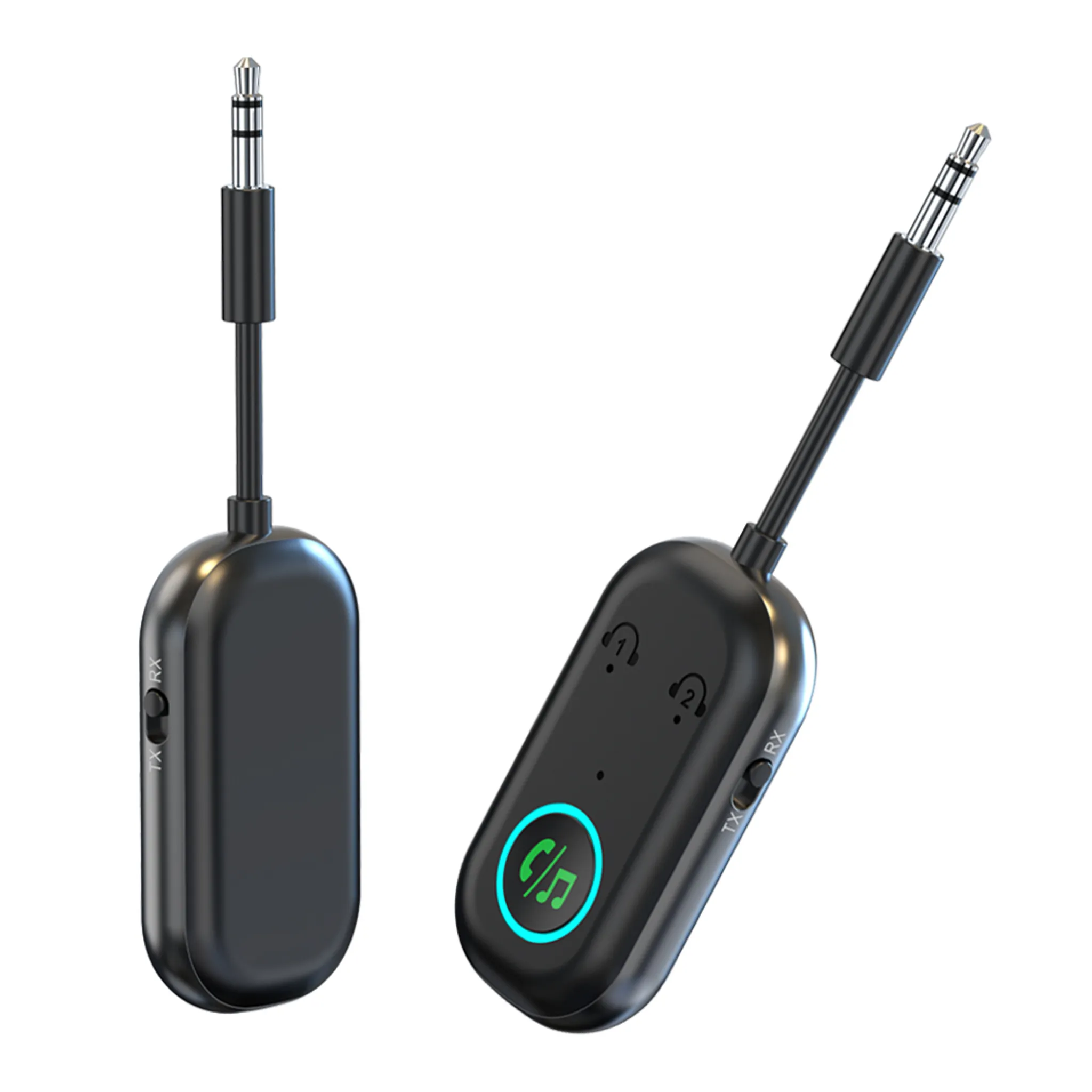 Zwei schwarze Bluetooth-Adapter mit 3,5-mm-Steckern und Musik-/Anrufsymbol.