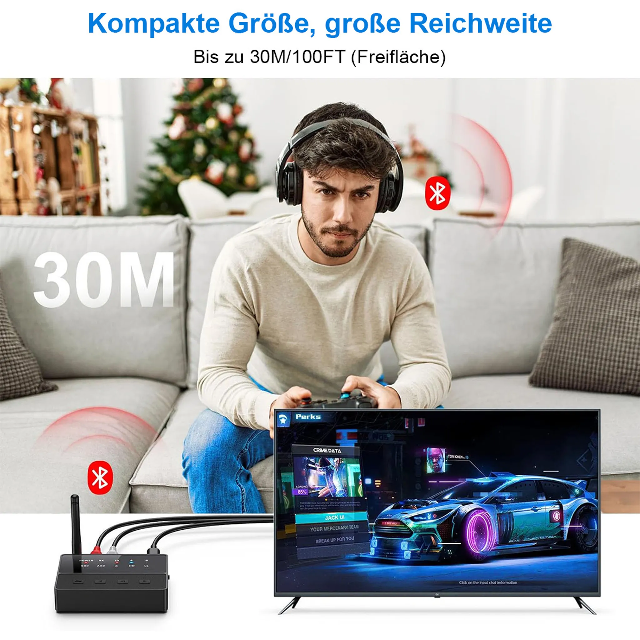 Mann mit Kopfhörern spielt Videospiel auf dem Fernseher, daneben ein Sender.
