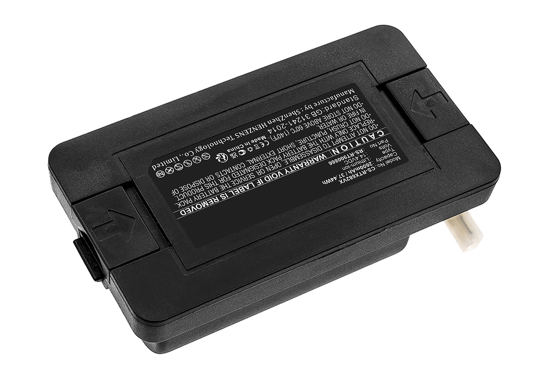 Pacco batteria nero con etichetta che elenca modello, capacità e avvertenze.
