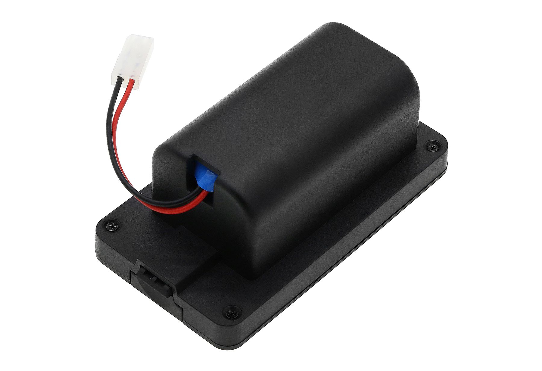 Pacco batteria nero con cavi rosso e nero, su sfondo bianco.