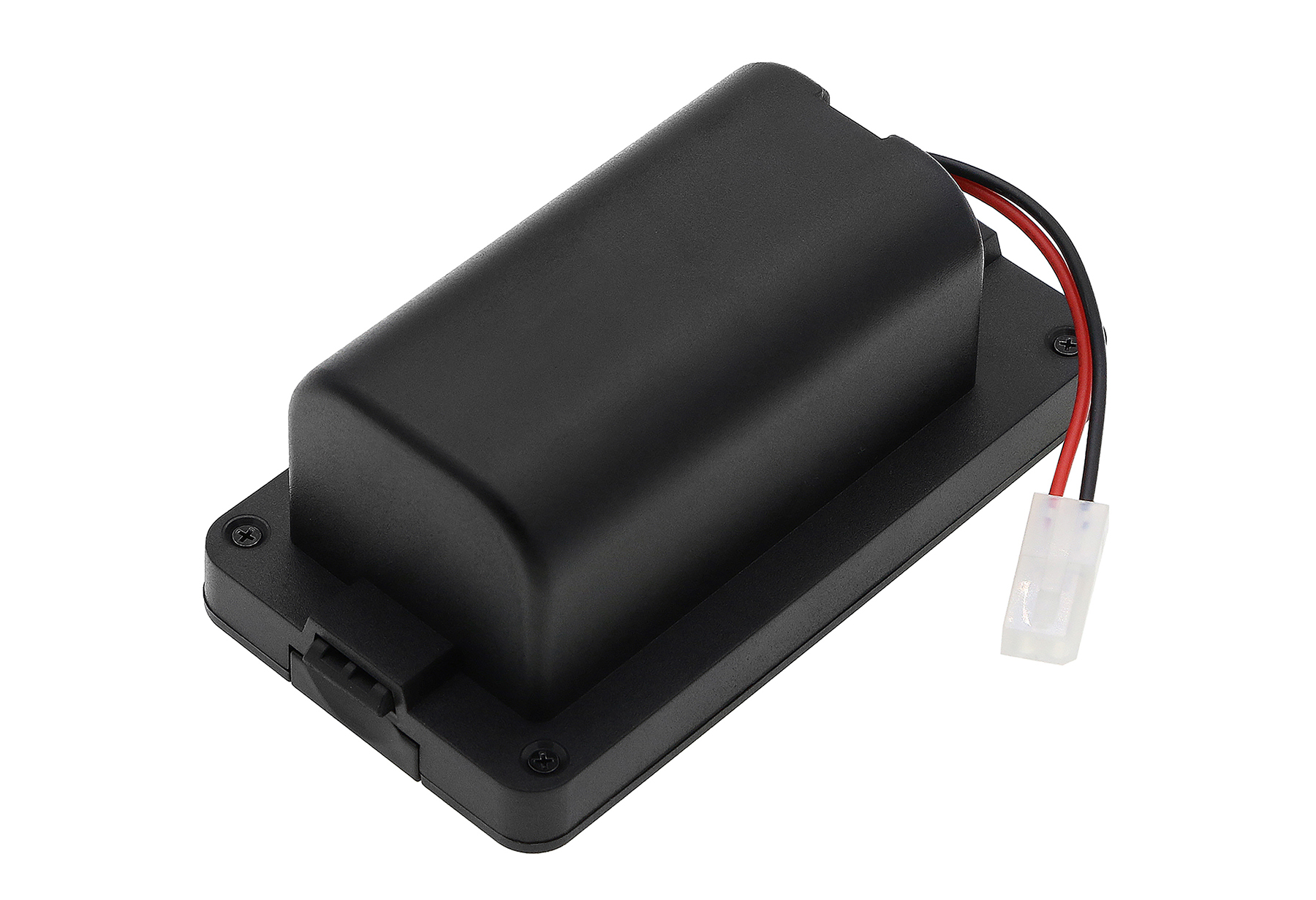 Pacco batteria nero con fili rosso e nero e connettore bianco.