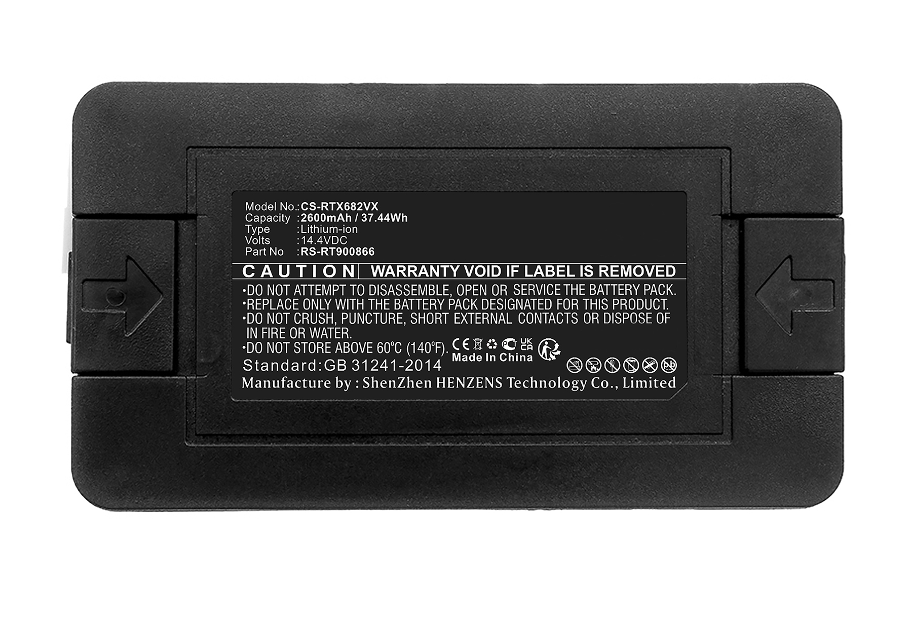 Batteria nera con etichetta: Modello CS-RTX682VX, 2600mAh, Ioni di litio.