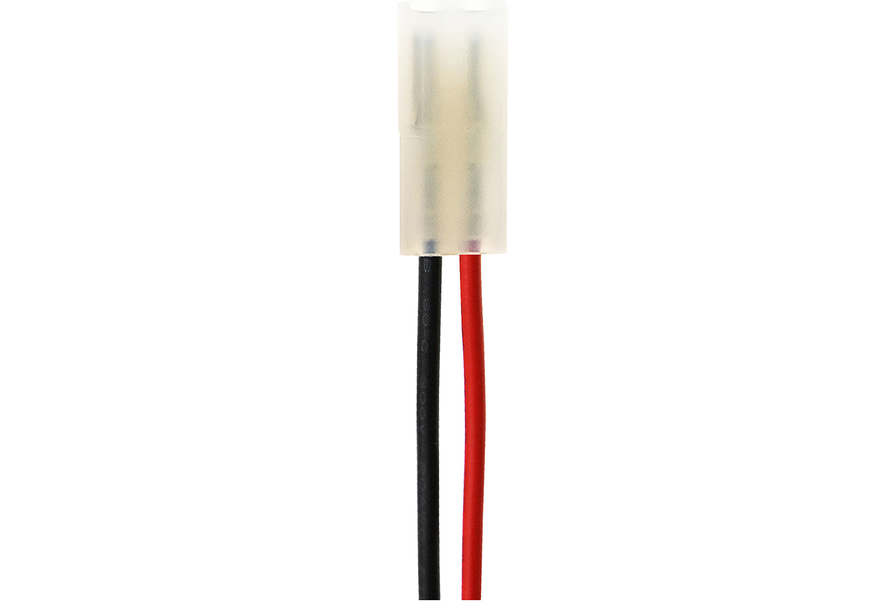 Un connettore bianco con fili nero e rosso.