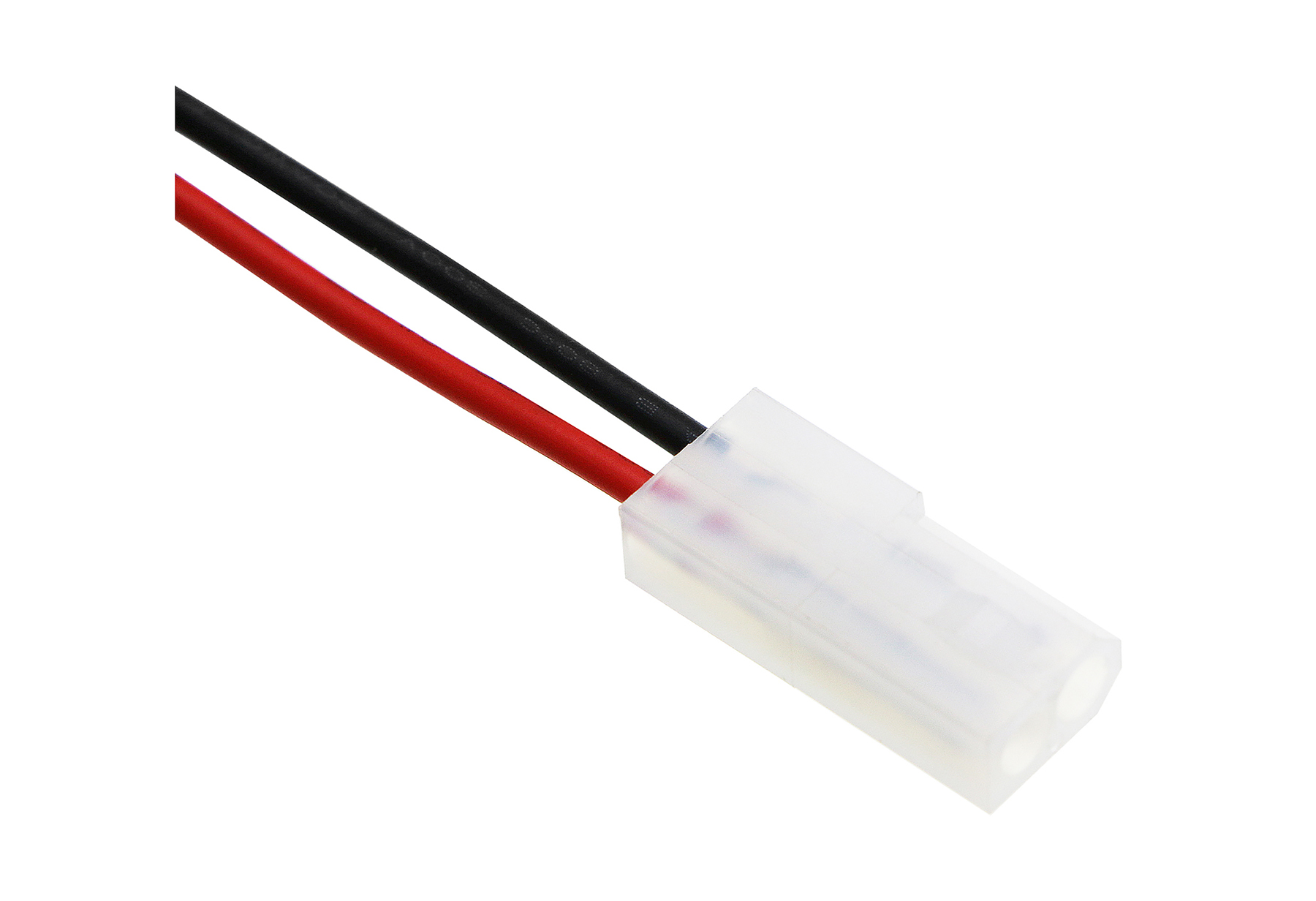 Un connettore bianco con due fili, rosso e nero.