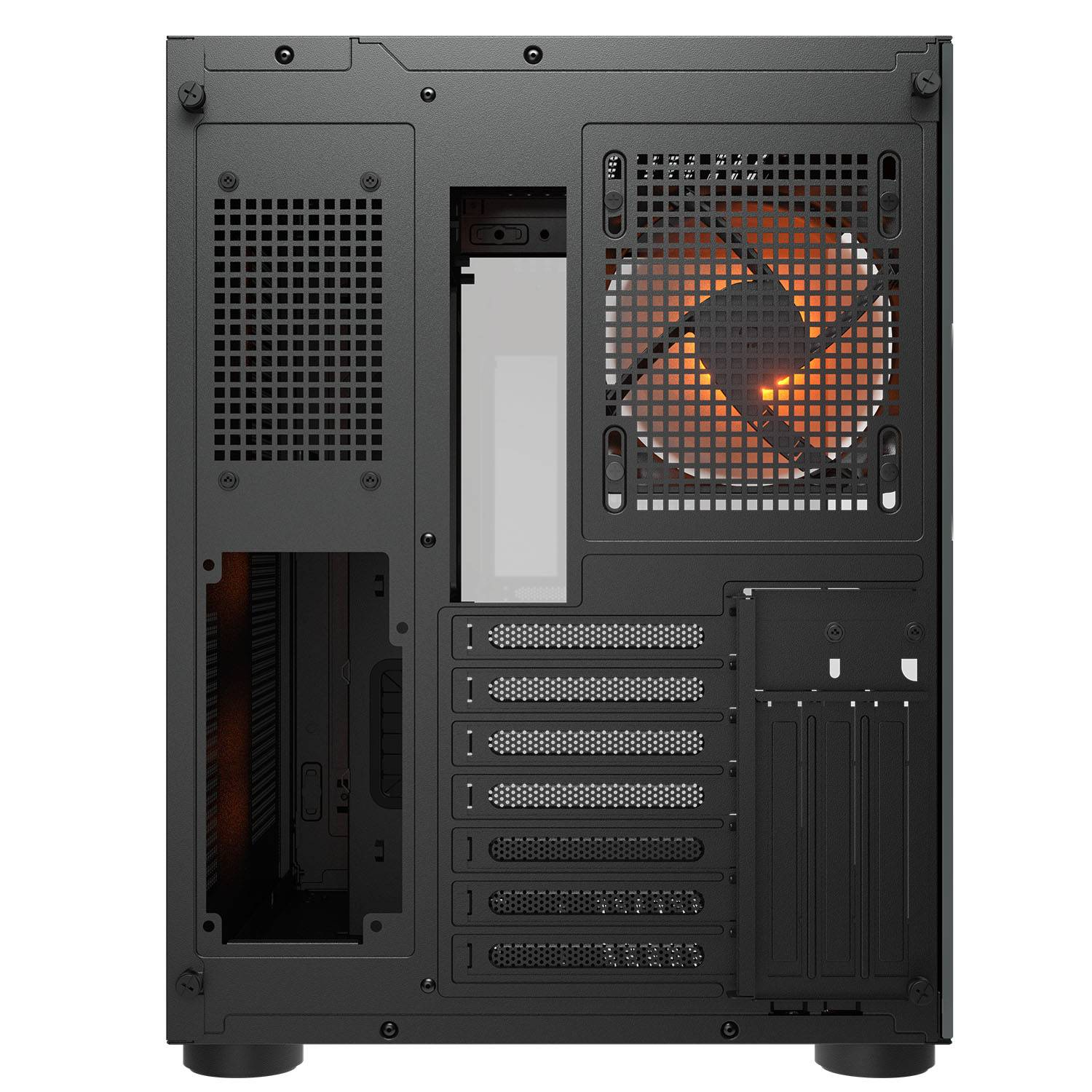 Rückseite eines schwarzen Computergehäuses mit orangefarbenem Lüfter und Lüftungsschlitzen.