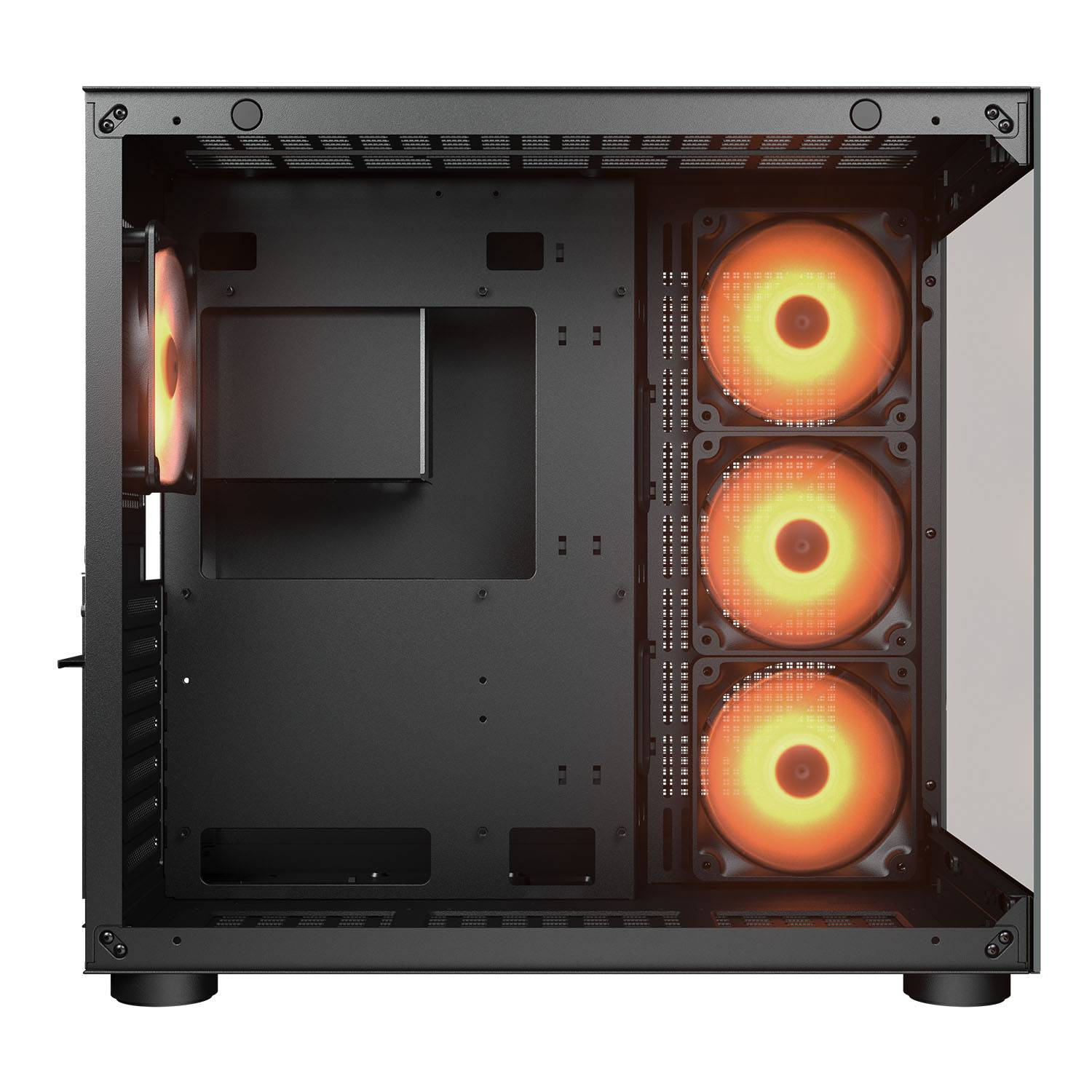Ein offenes PC-Gehäuse mit beleuchteten orangefarbenen Lüftern und schwarzem Innenraum.