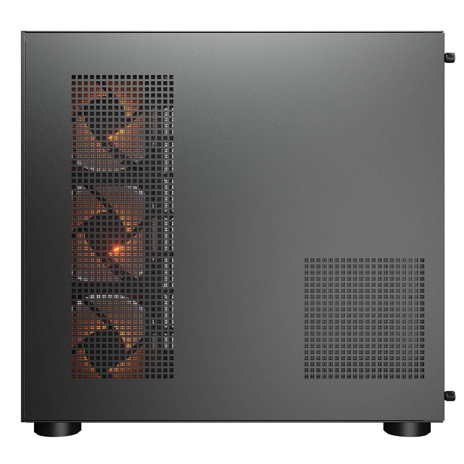 Ein dunkler Computerturm mit Lüftern und Gittermuster.