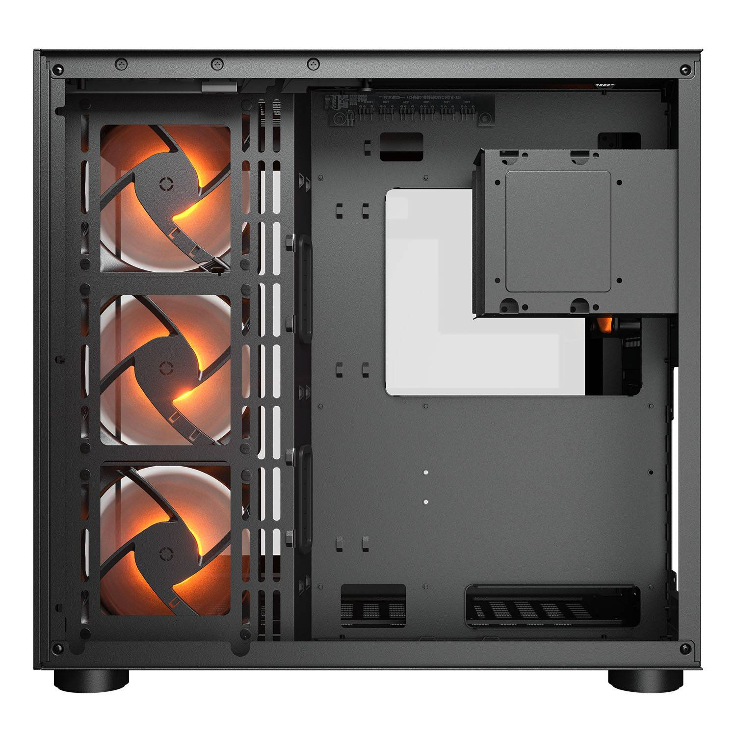 Schwarzes Computergehäuse-Interieur mit drei leuchtend orangen Lüftern links und Laufwerkschächten rechts.