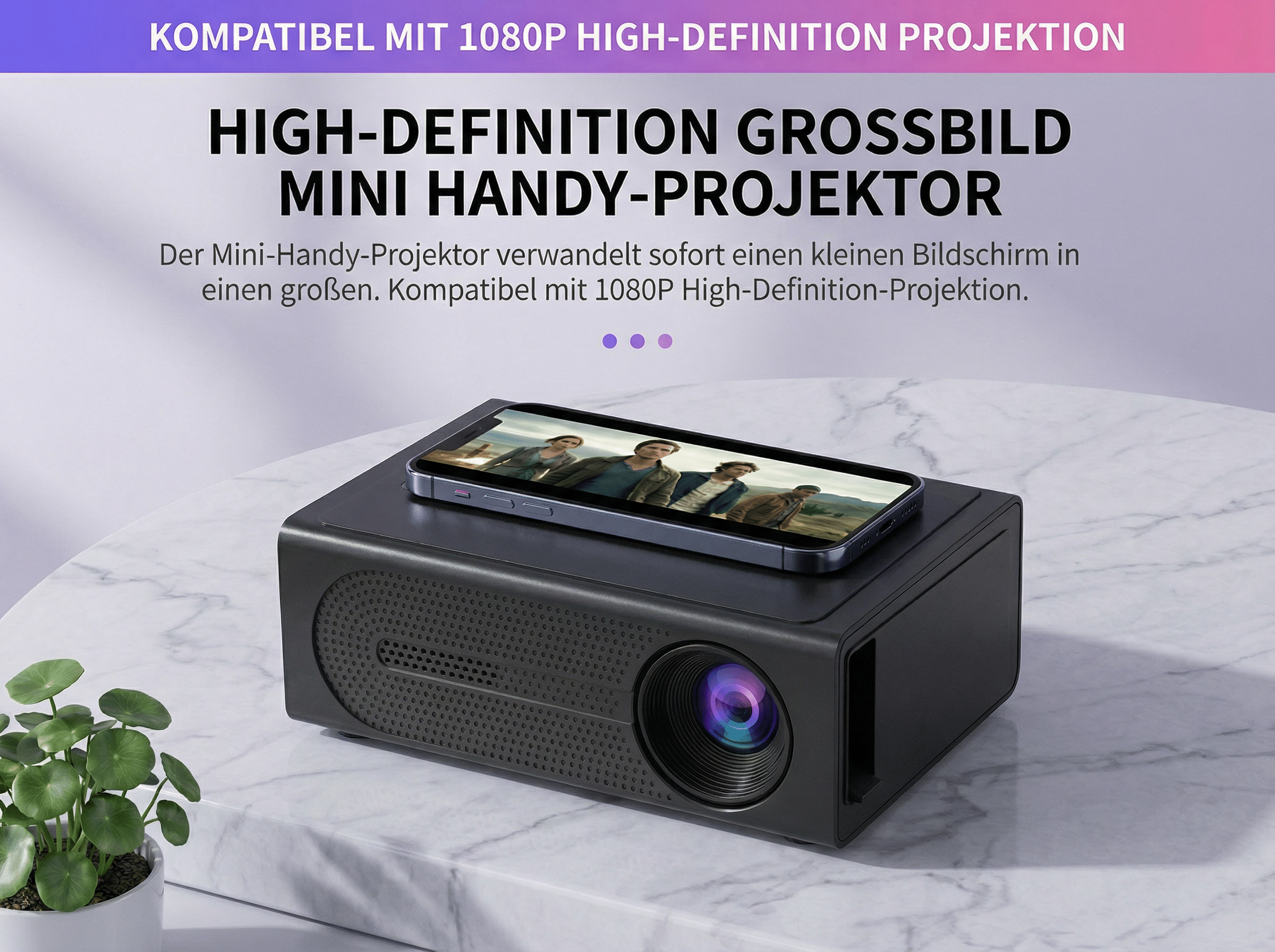 Schwarzer Mini-Projektor mit Handy darauf, auf Marmortisch.