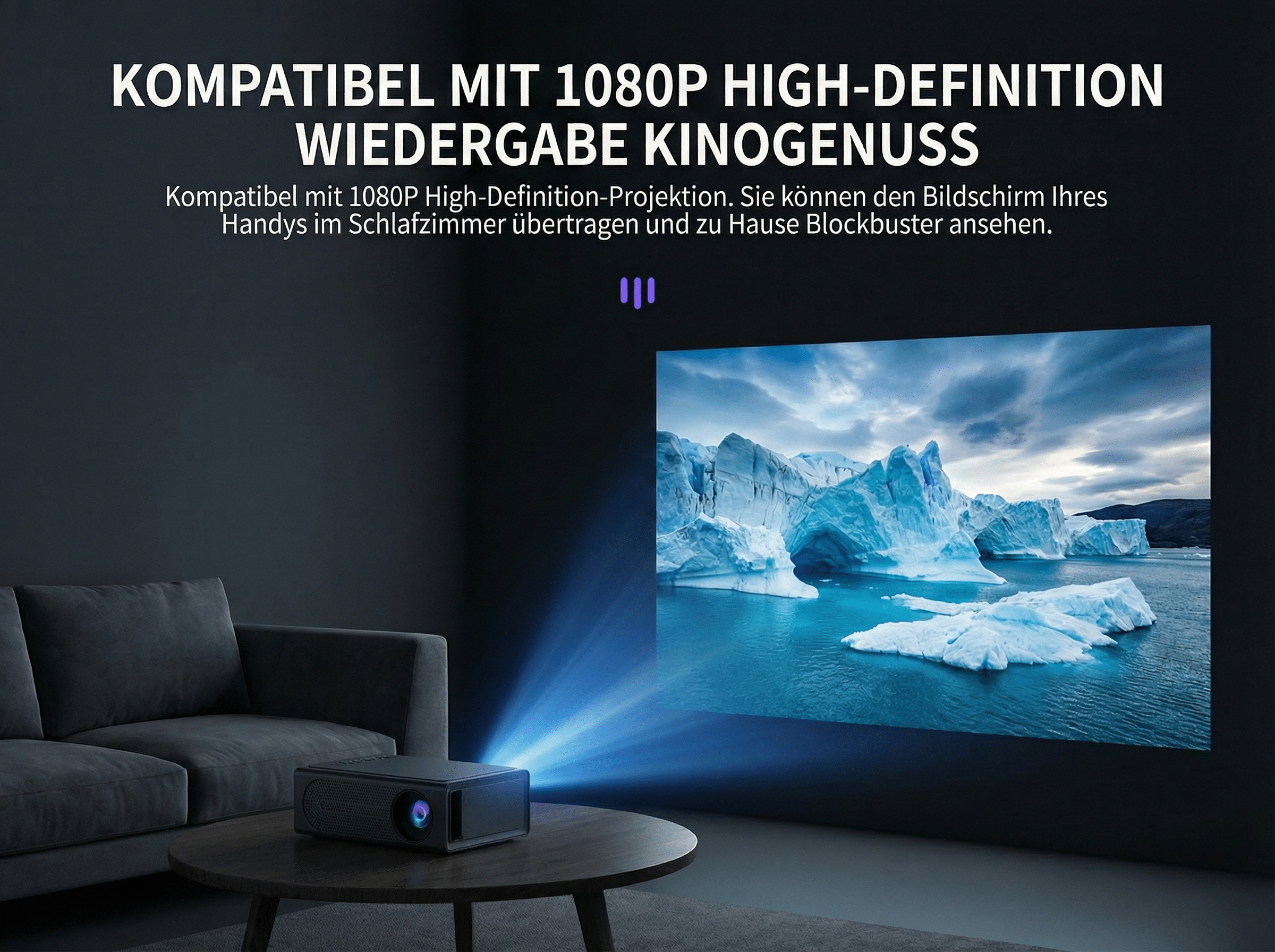 Ein schwarzer Projektor wirft ein Bild von Eisbergen auf eine Wand.