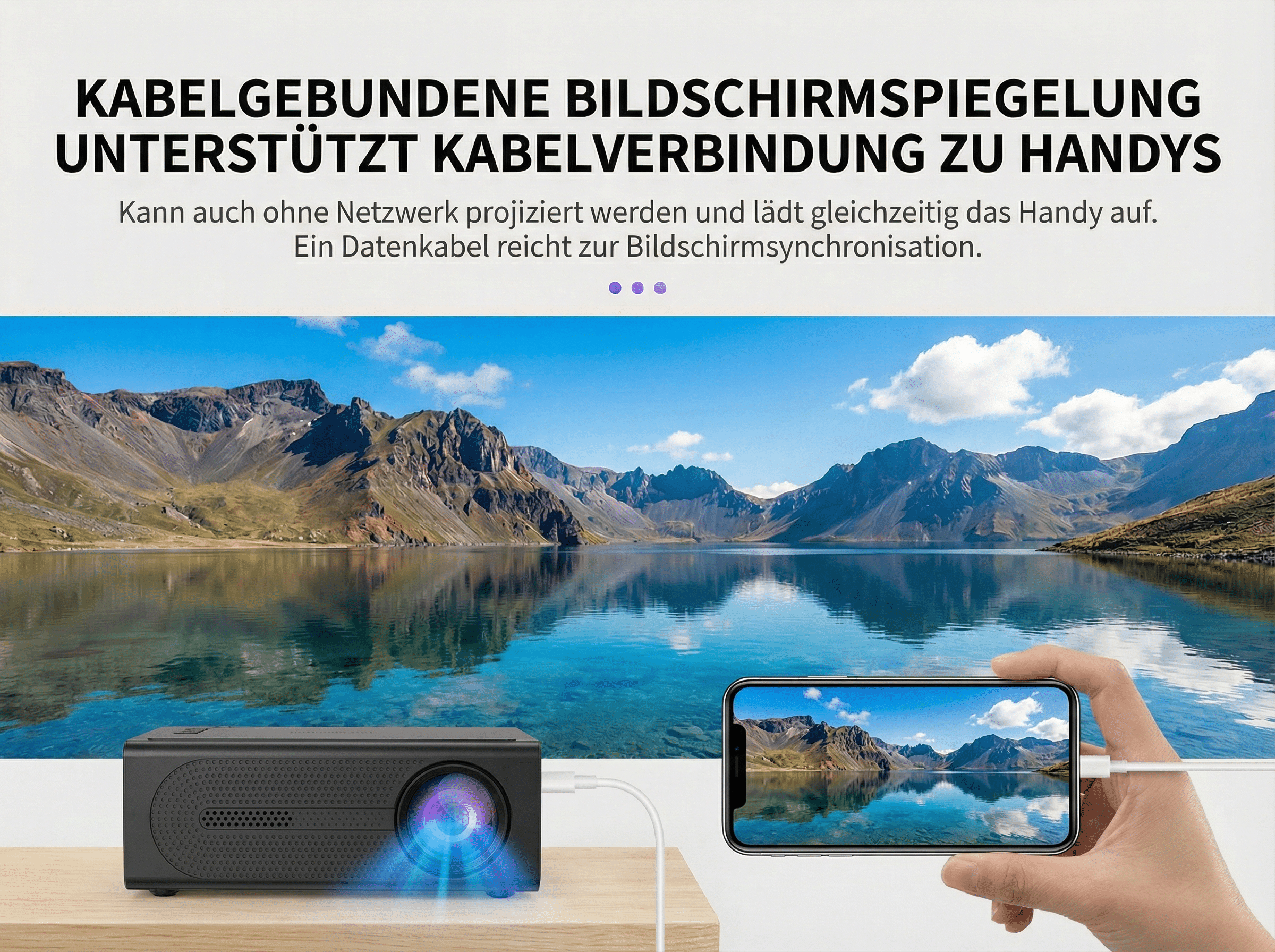 Ein Projektor spiegelt ein Handybild eines Sees und Berge.