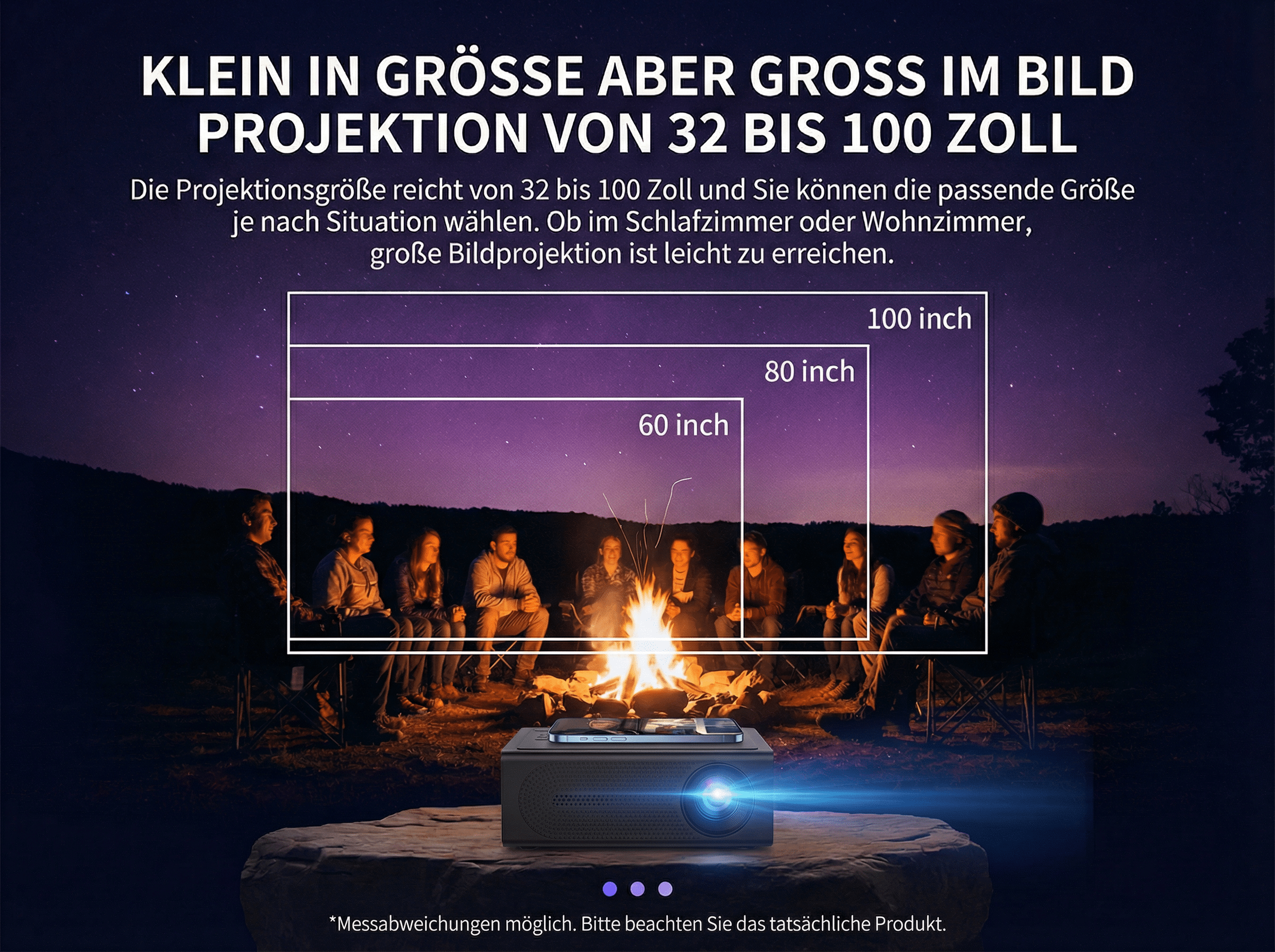 Projektor zeigt 60-100 Zoll Bild für Camper am Lagerfeuer unter Sternenhimmel.
