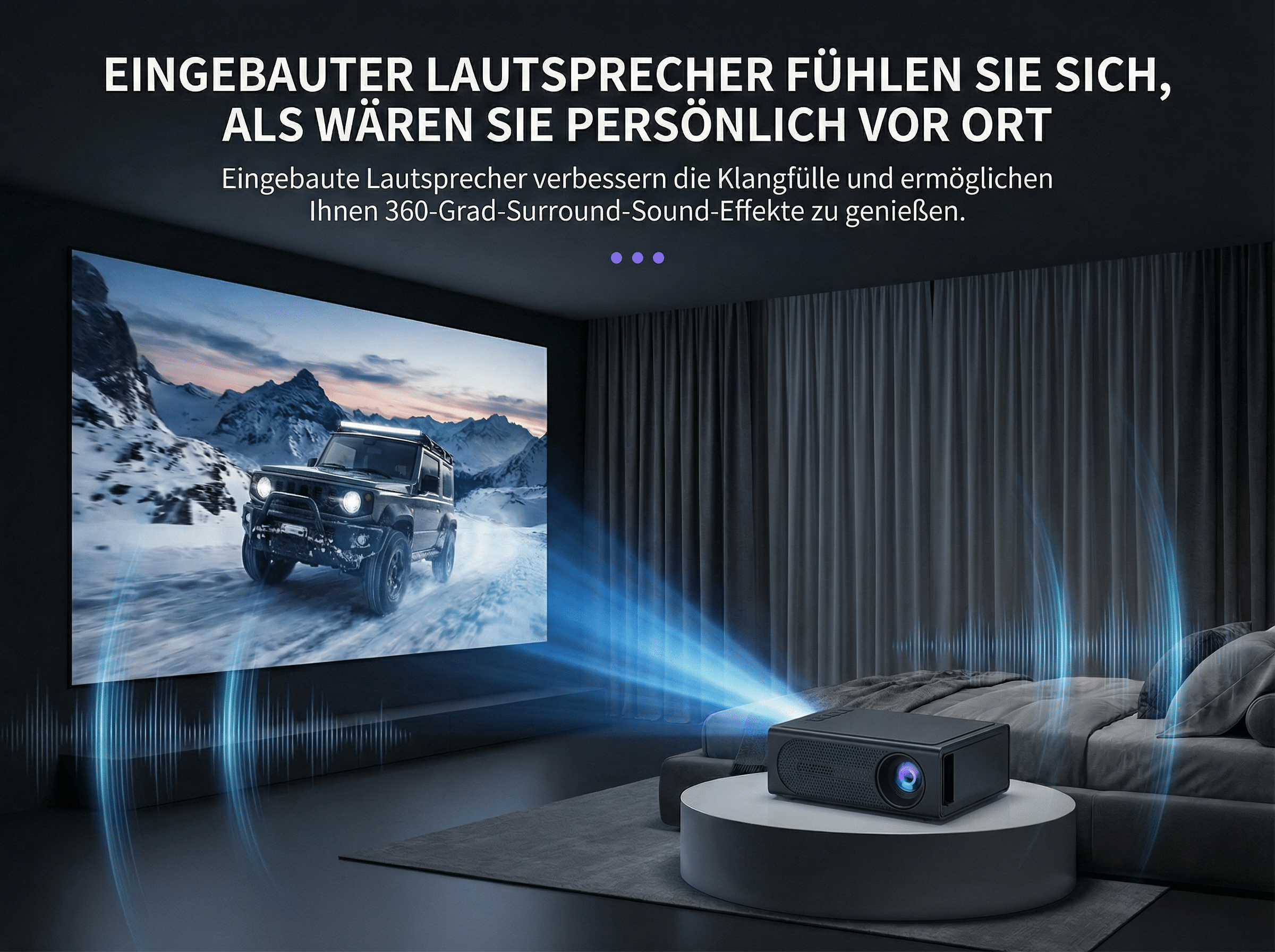 Ein Projektor wirft ein Bild eines Geländewagens in verschneiter Landschaft auf eine Leinwand.