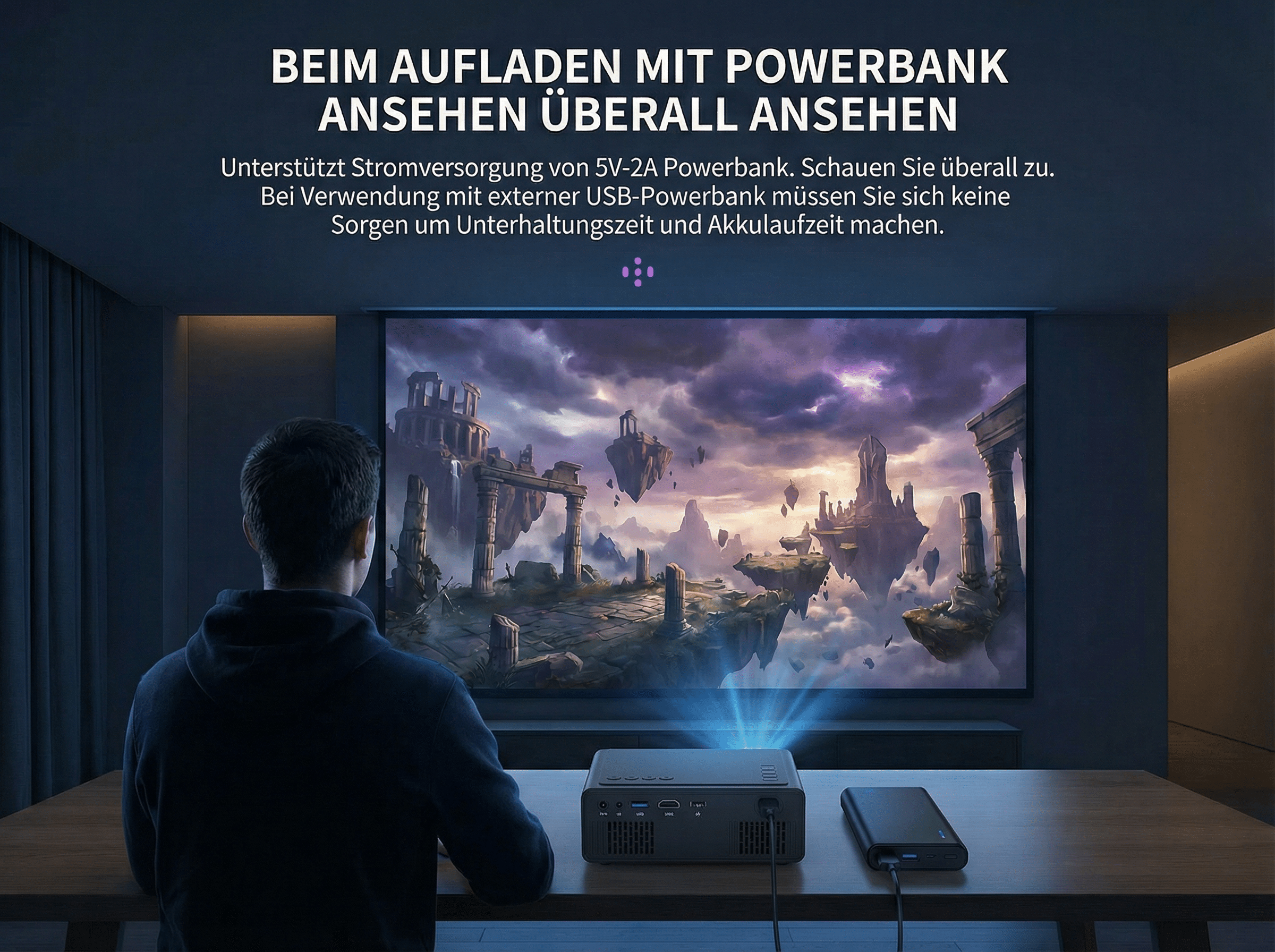 Mann schaut auf Projektor, der ein Fantasy-Schloss zeigt. Powerbank lädt.