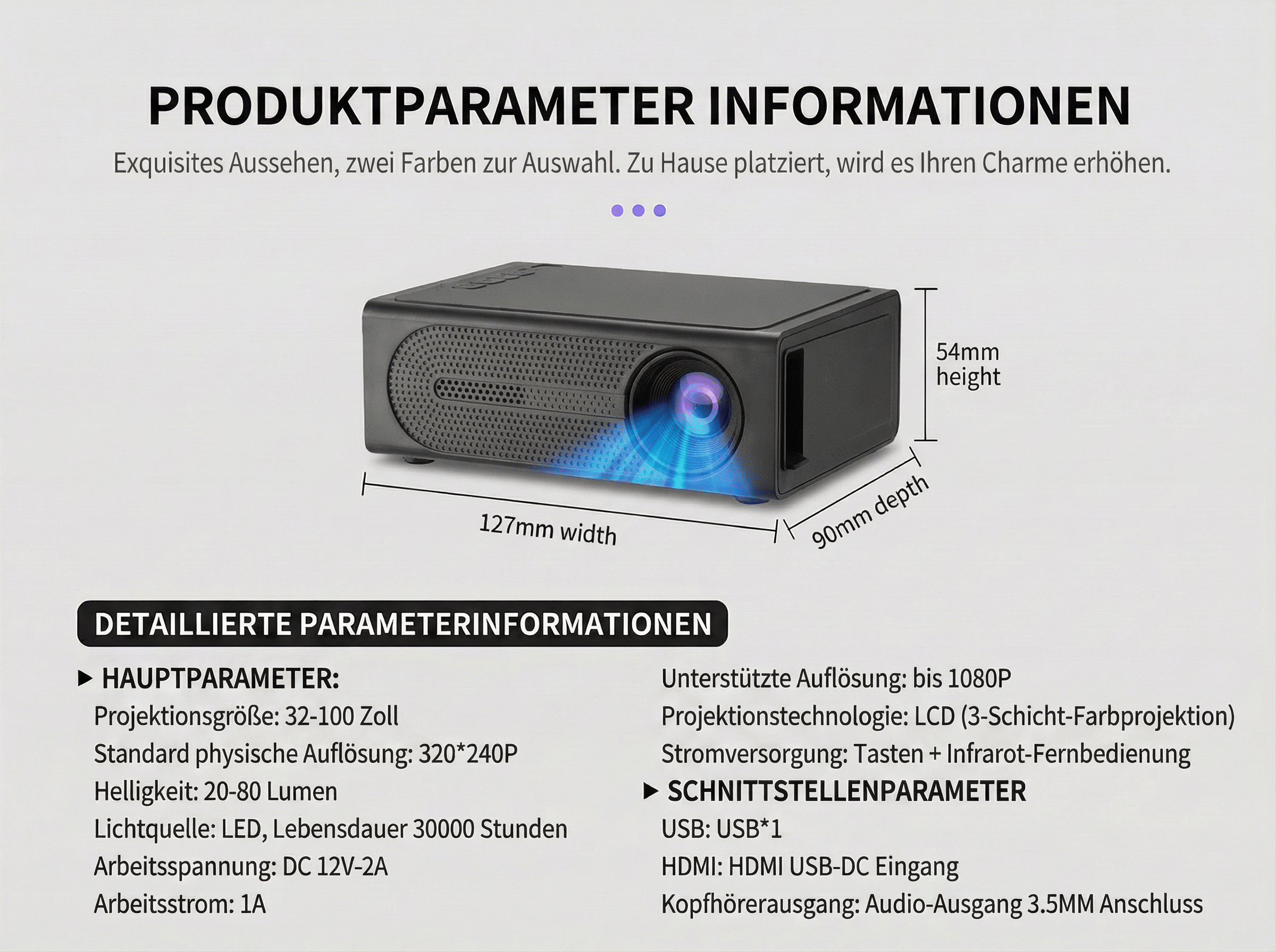 Ein kompakter schwarzer Projektor mit Abmessungen: 127mm Breite, 90mm Tiefe, 54mm Höhe.
