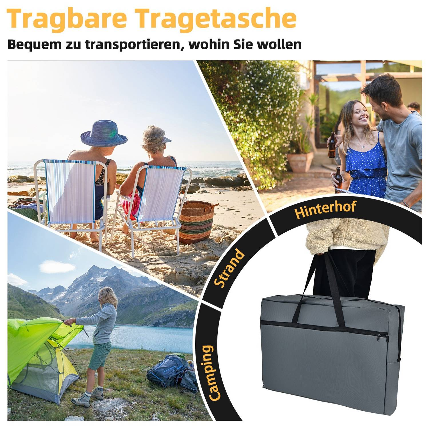 Bolsa gris con escenas de playa, camping y patio trasero.