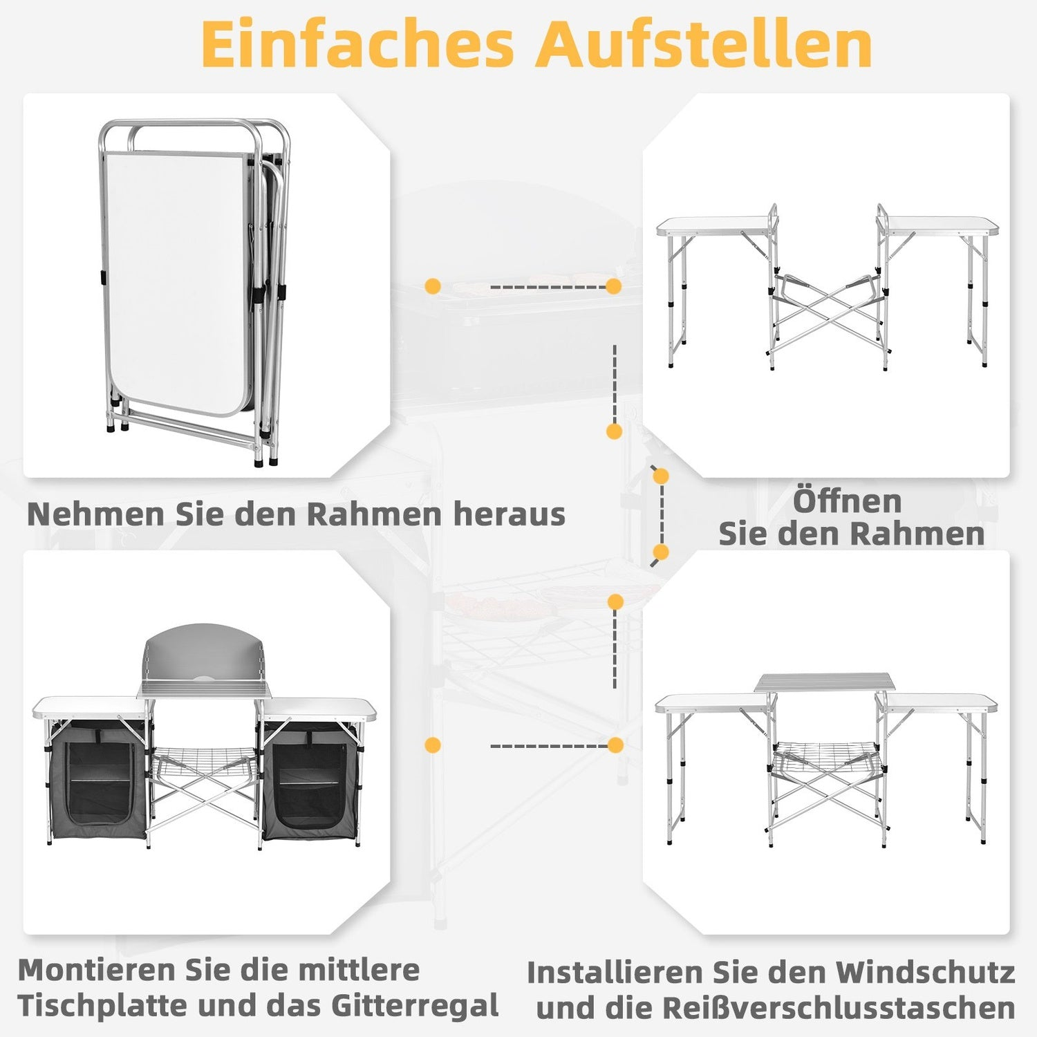 Instrucciones para montar una mesa de camping en cuatro pasos.
