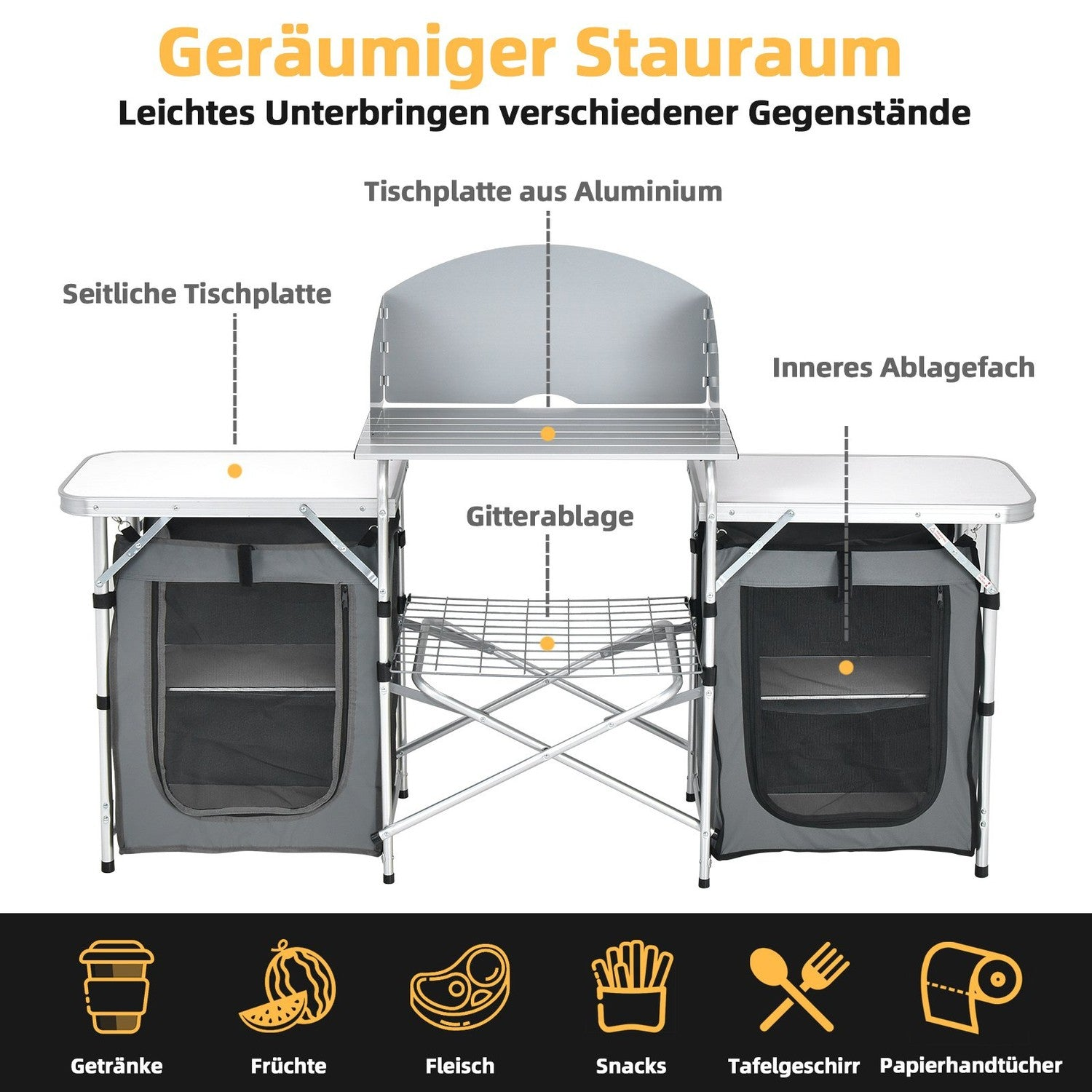 Una mesa de camping con tapa de aluminio y compartimentos de almacenamiento. Muestra bebidas, frutas, carne, etc.