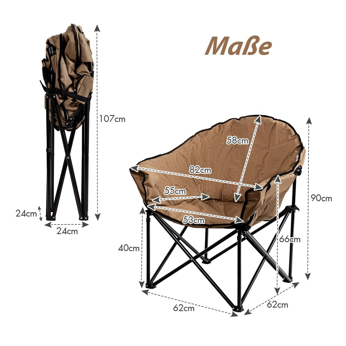 Silla plegable marrón con dimensiones. Plegada: 107x24x24cm. Desplegada: 90x62x62cm.