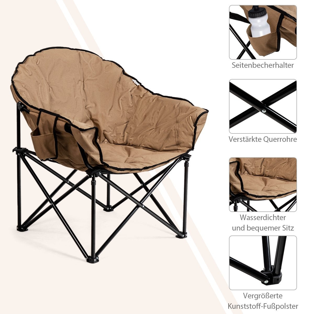 Una silla plegable acolchada beige con marco de metal negro y portavasos.