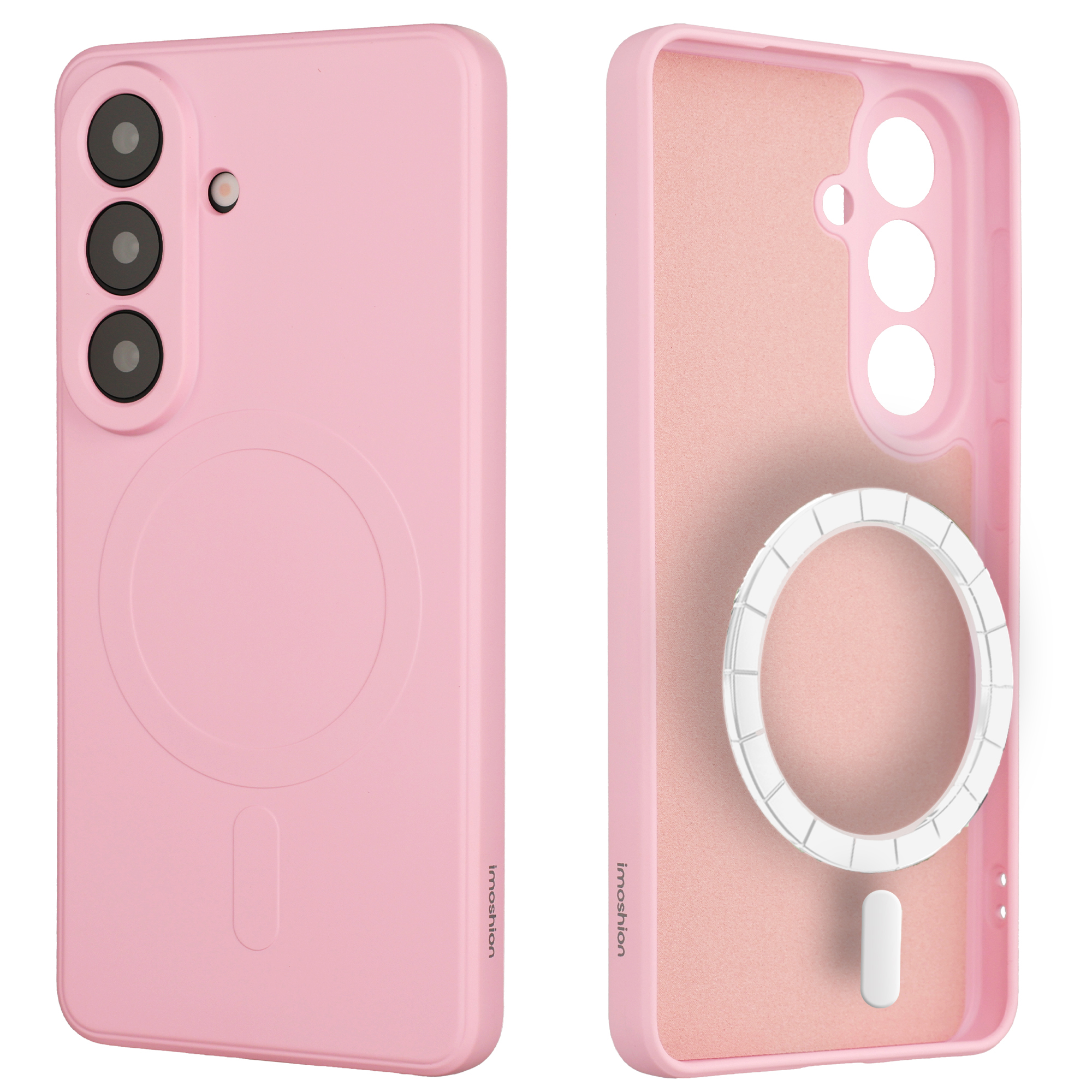 Een roze telefoonhoesje met camera's aan de ene kant en magneten aan de andere.