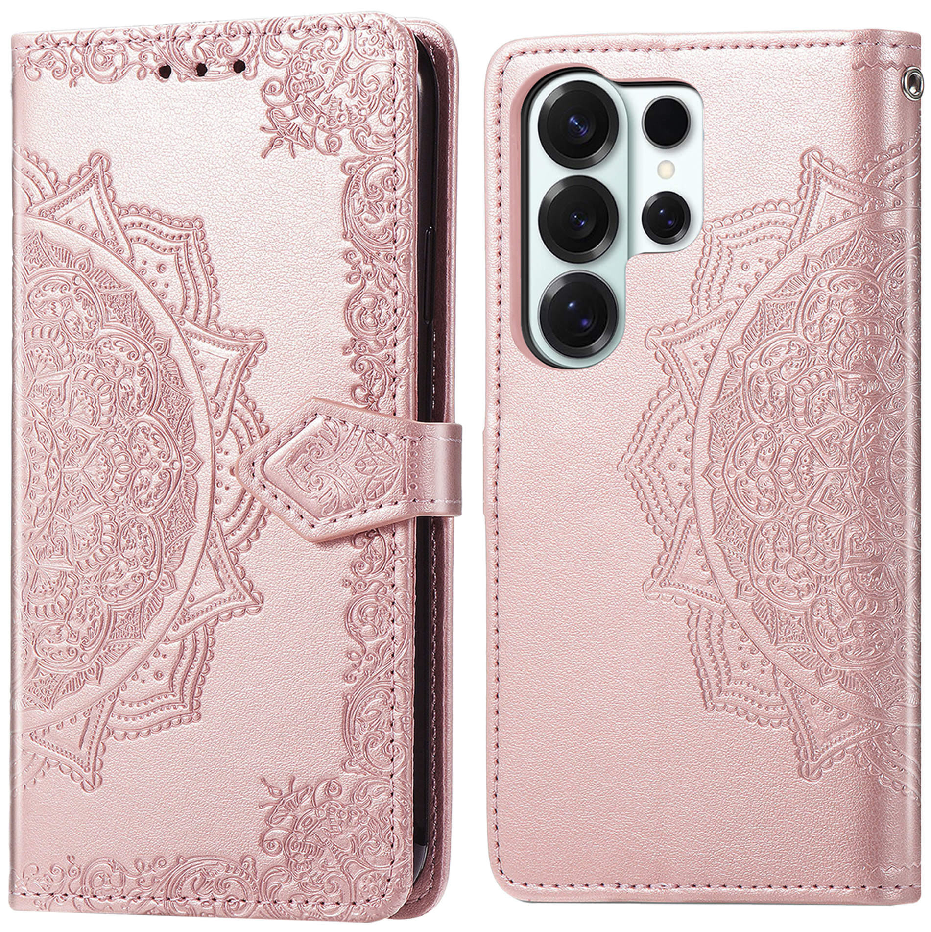 Lichtroze telefoonhoesje met reliëf mandala, open en gesloten.